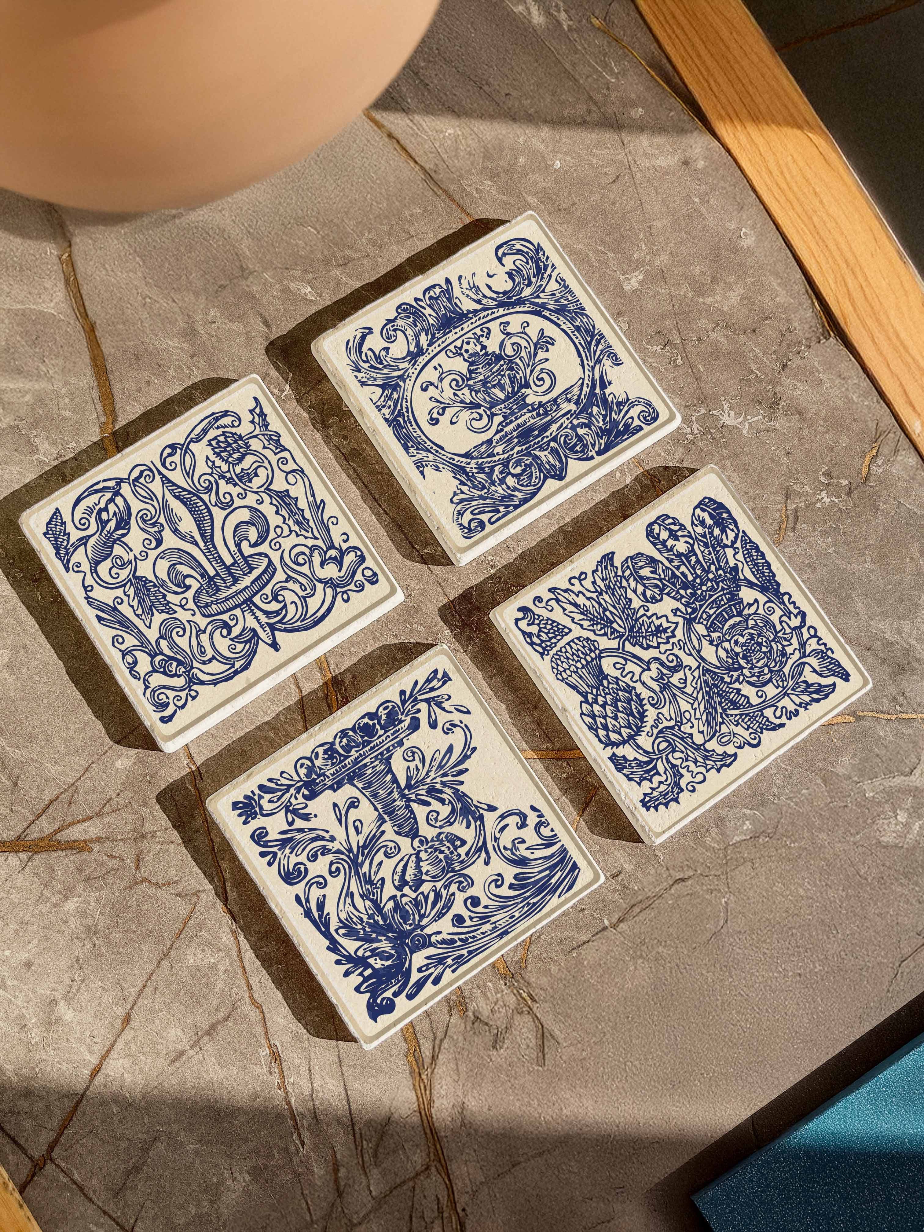 Çini Desenli Doğal Taş Bardak Altlığı, Şık ve Dekoratif Tasarım, 4’lü Set