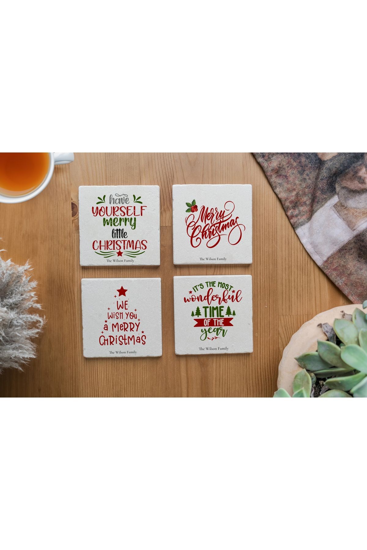 Arslat Atölye Christmas Motto Yazılı Bardak Altlığı 4’lü Set Doğal Taş Traverten (10x10 cm)