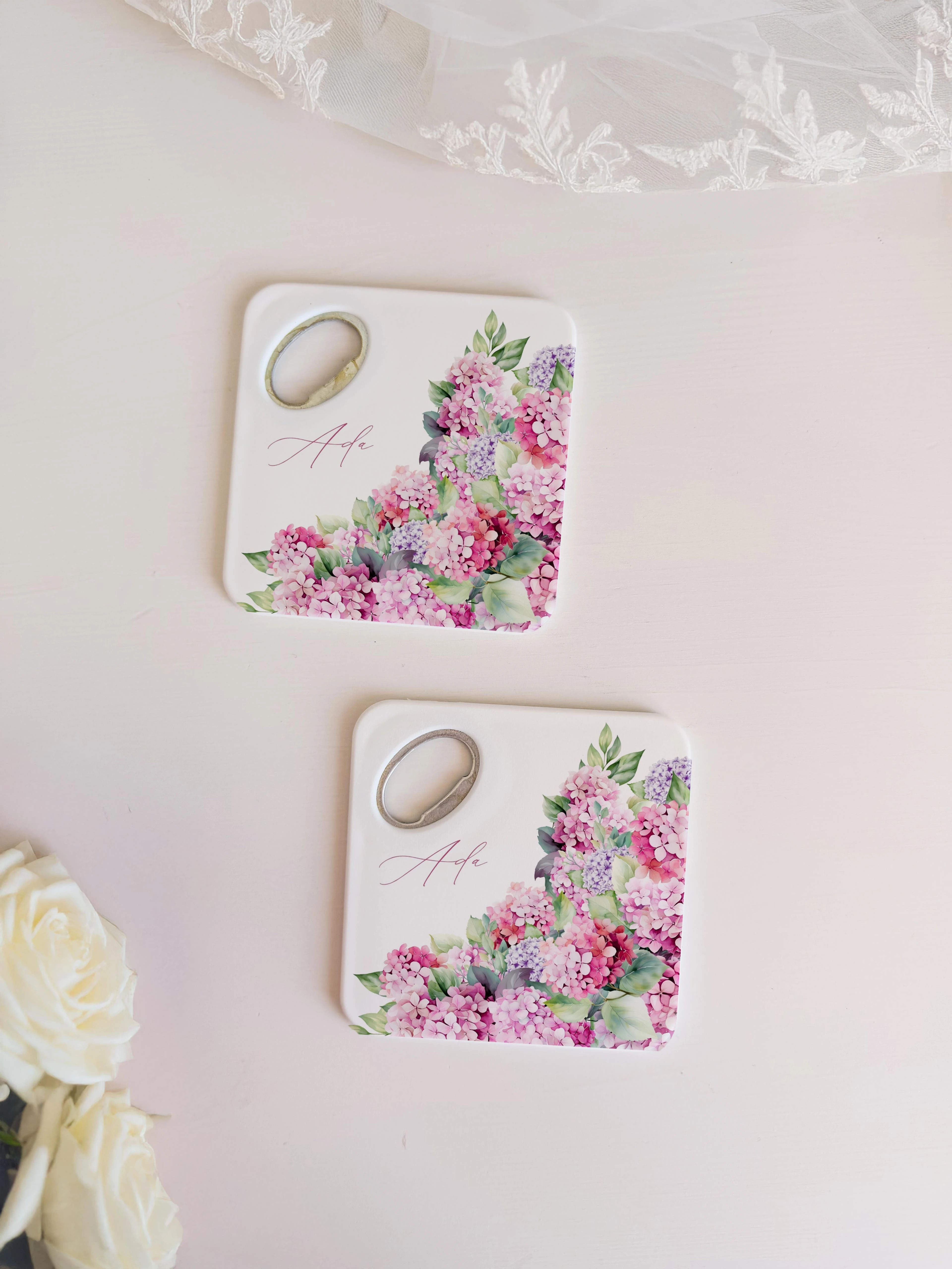 Pembe lila çiçek desenli kişiye özel magnet açacak bardak altlığı düğün nişan hediyelik 20 adet