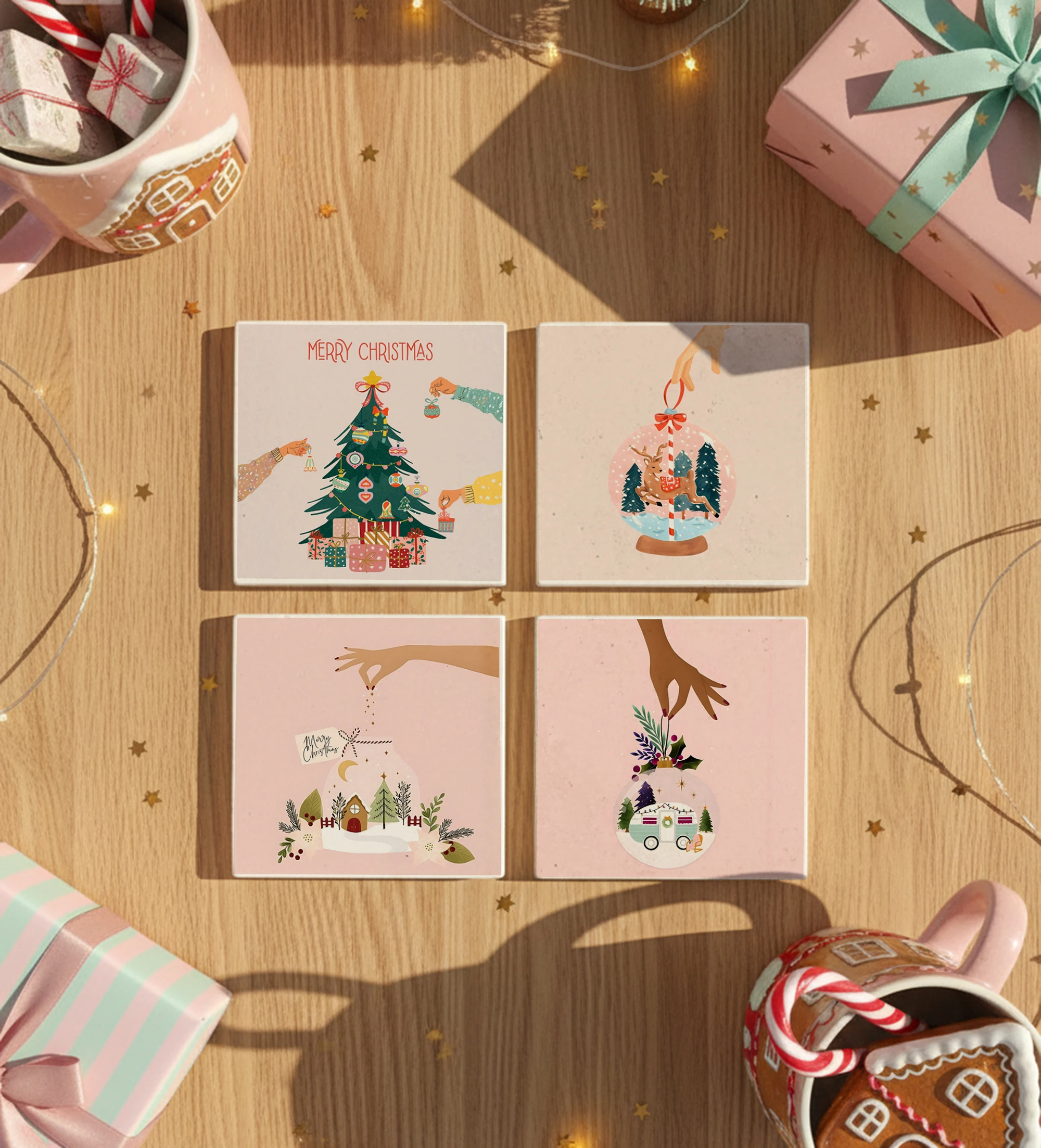 Pembe Kar Küresi Desenli Doğal Taş Bardak Altlığı, Yılbaşı Temalı, Yılbaşı Hediyesi, 4’lü