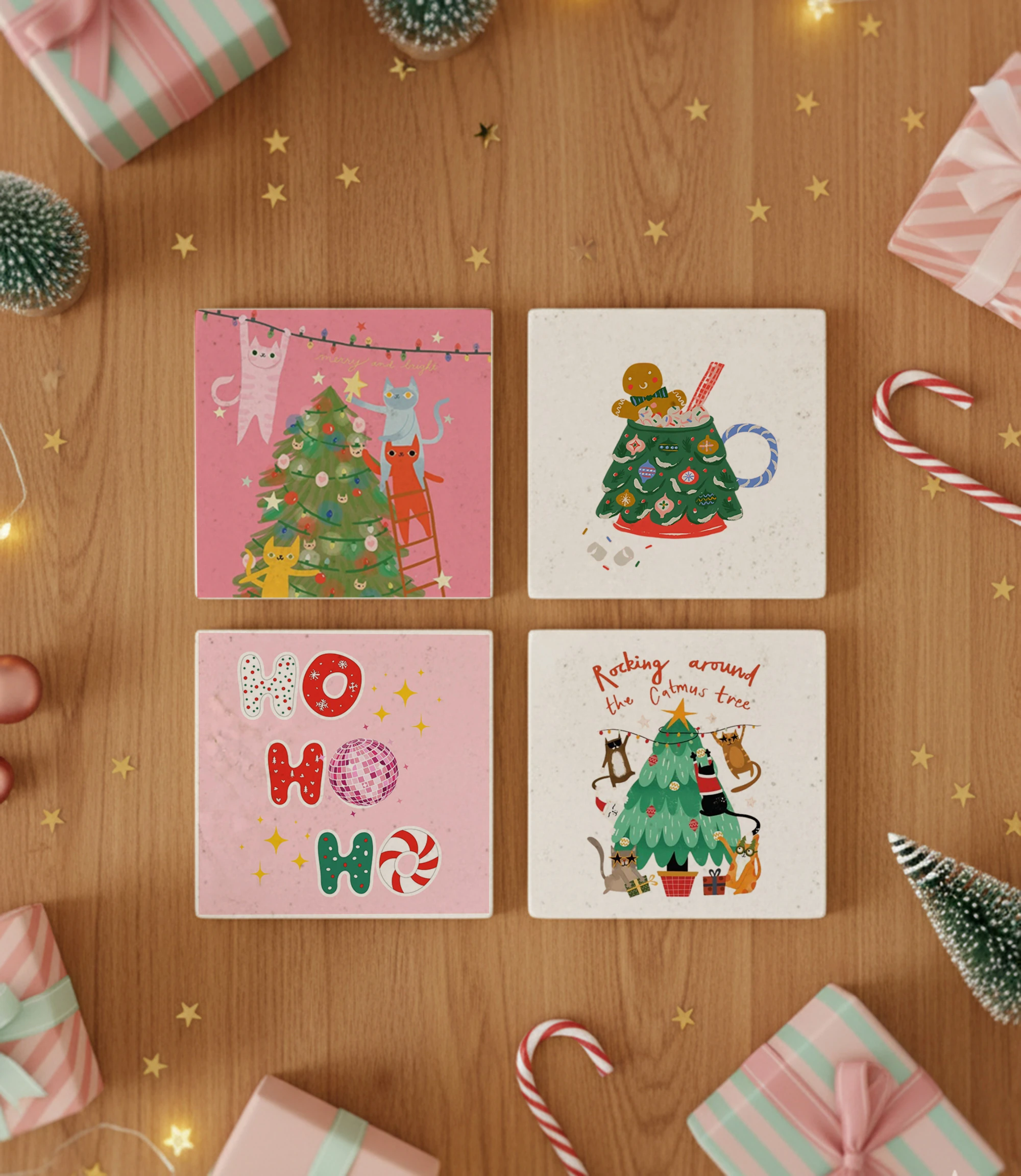 Kedi ve Noel Ağacı Desenli Doğal Taş Bardak Altlığı, Renkli Yılbaşı Tasarımı, Yılbaşı Hediyesi, 4’lü