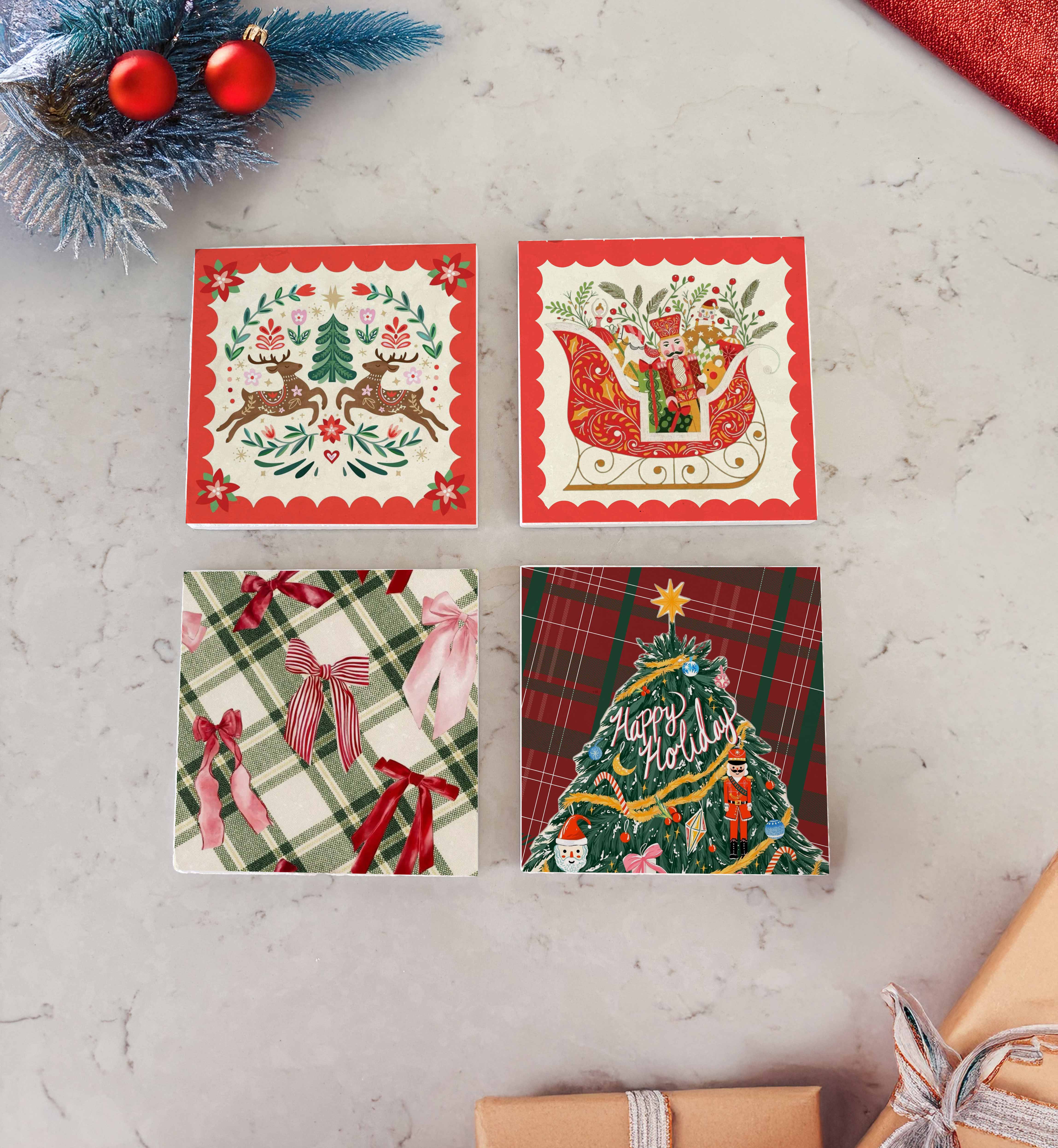 Kırmızı Yeşil Noel Desenli Doğal Taş Bardak Altlığı, Ev Dekoru, Yılbaşı Hediyesi, 4’lü