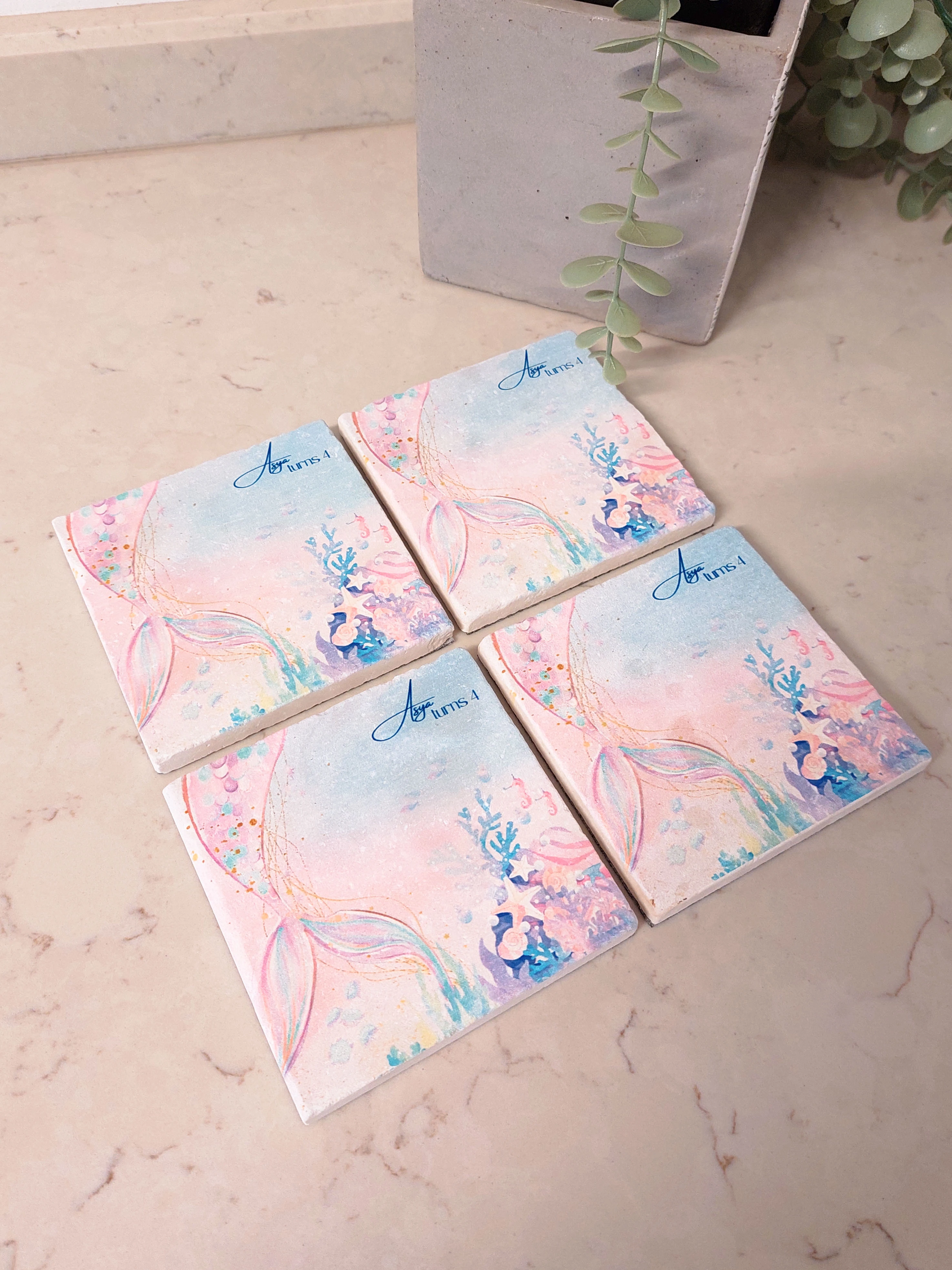 Deniz Kızı Temalı Kişiye Özel Doğal Taş Bardak Altlığı Seti, Bebek Hediyeliği, 20 Adet