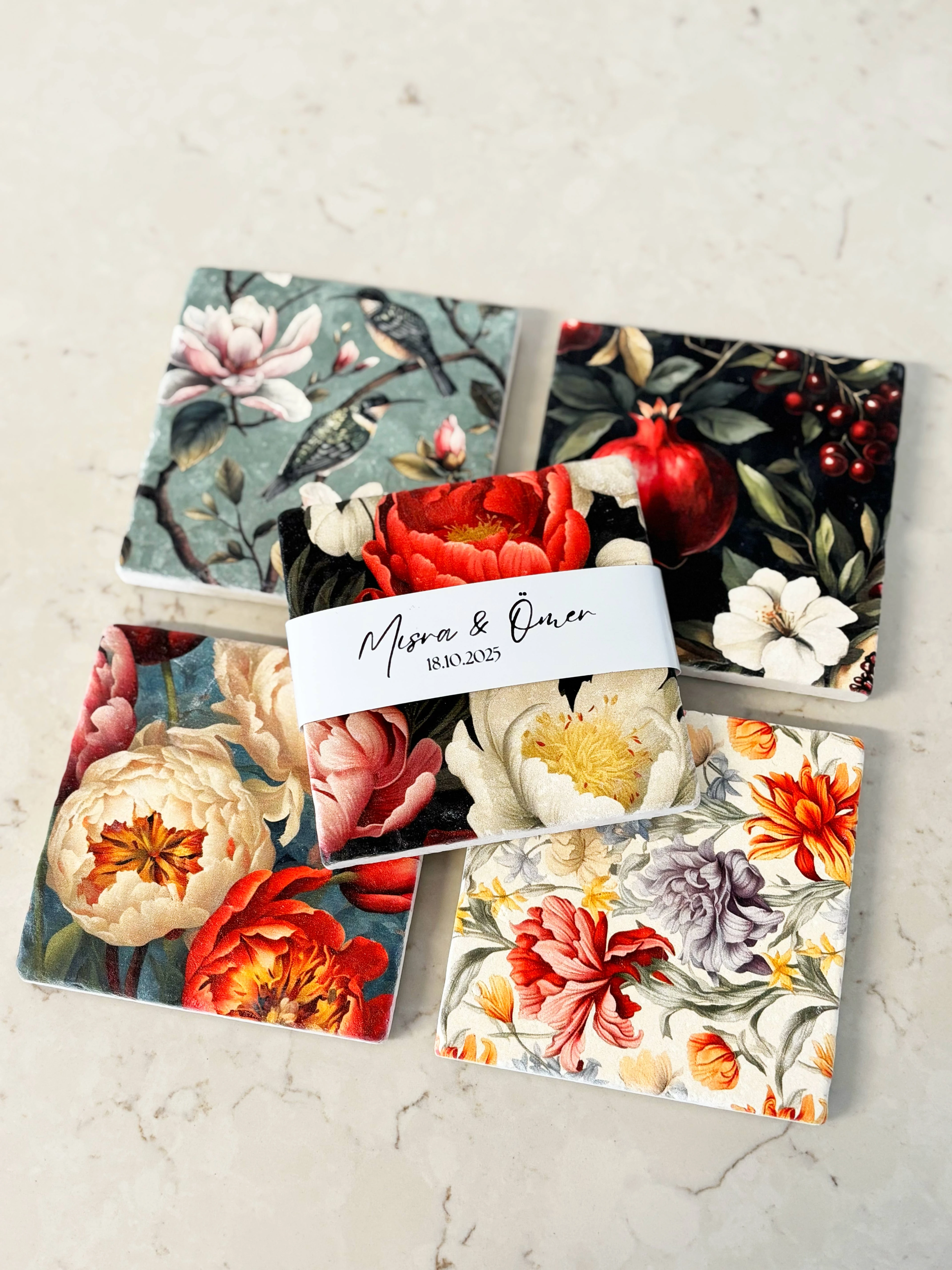 Şakayık Gül Nar Desenli Doğal Taş Bardak Altlığı Seti, Kişiye Özel Hediyelik, 20 Adet