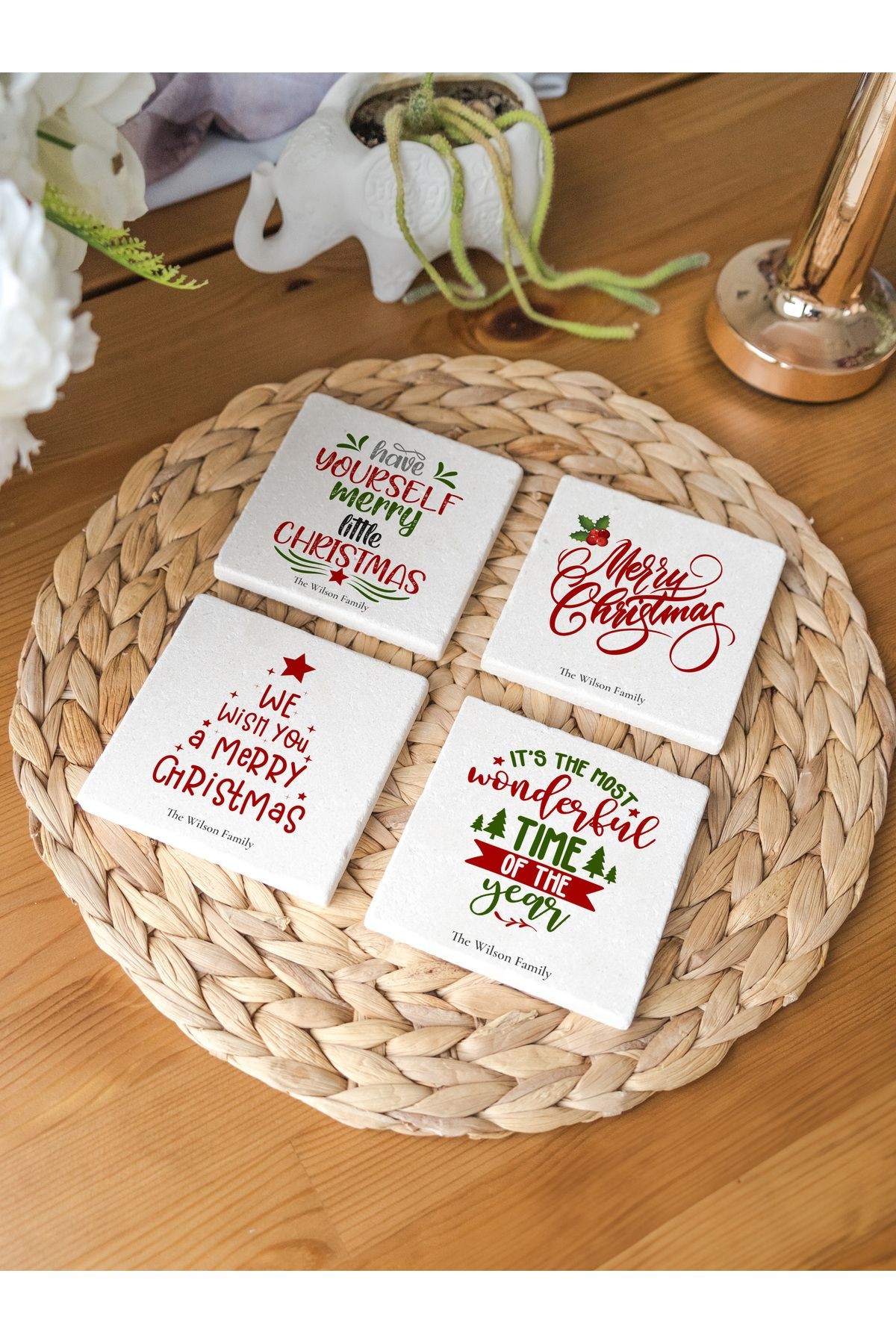 Arslat Atölye Christmas Motto Yazılı Bardak Altlığı 4’lü Set Doğal Taş Traverten (10x10 cm)