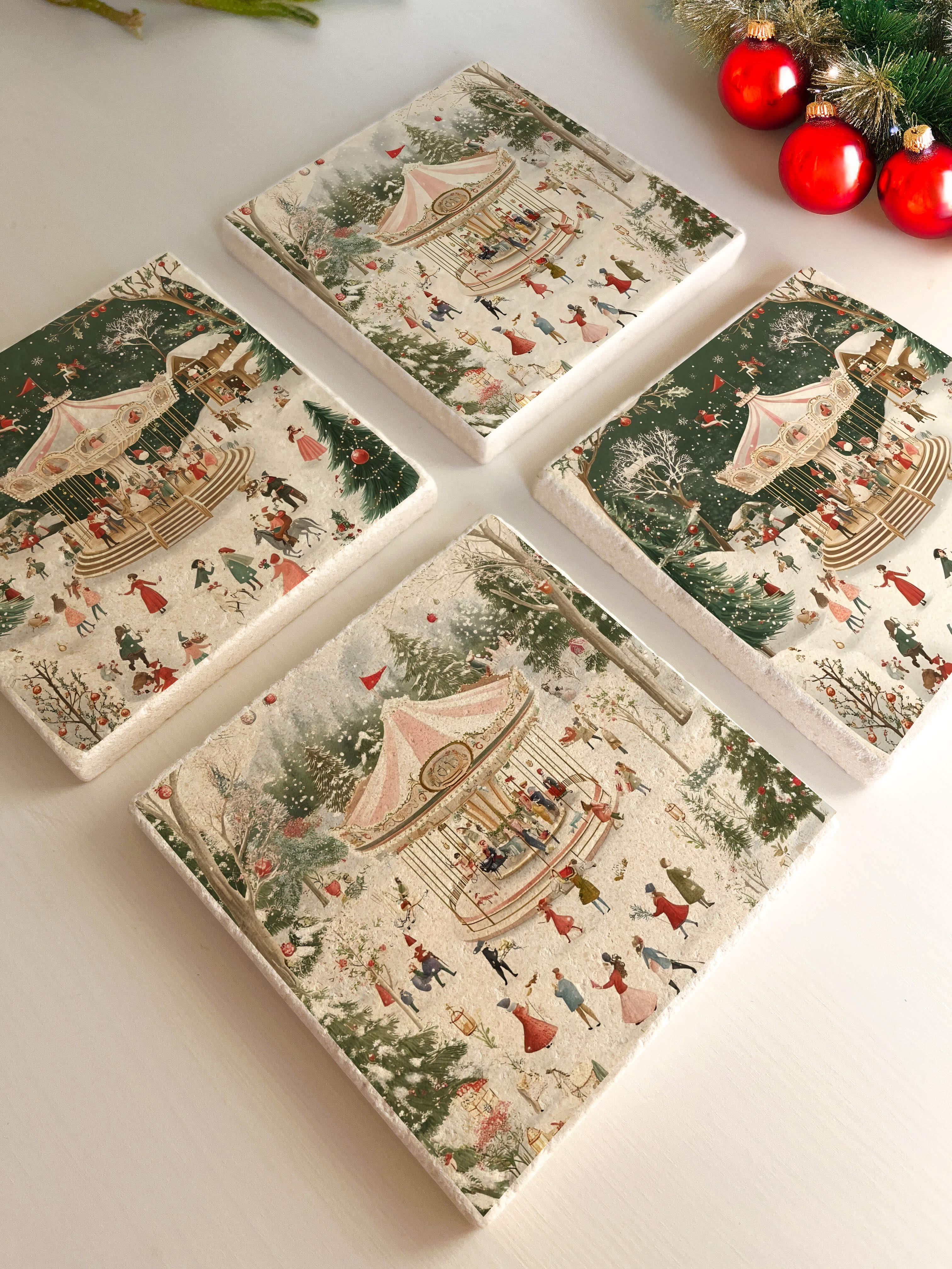 Atlı Karınca ve Kış Sahnesi Desenli Doğal Taş Bardak Altlığı, Ev Dekoru, Yılbaşı Hediyesi, 4’lü