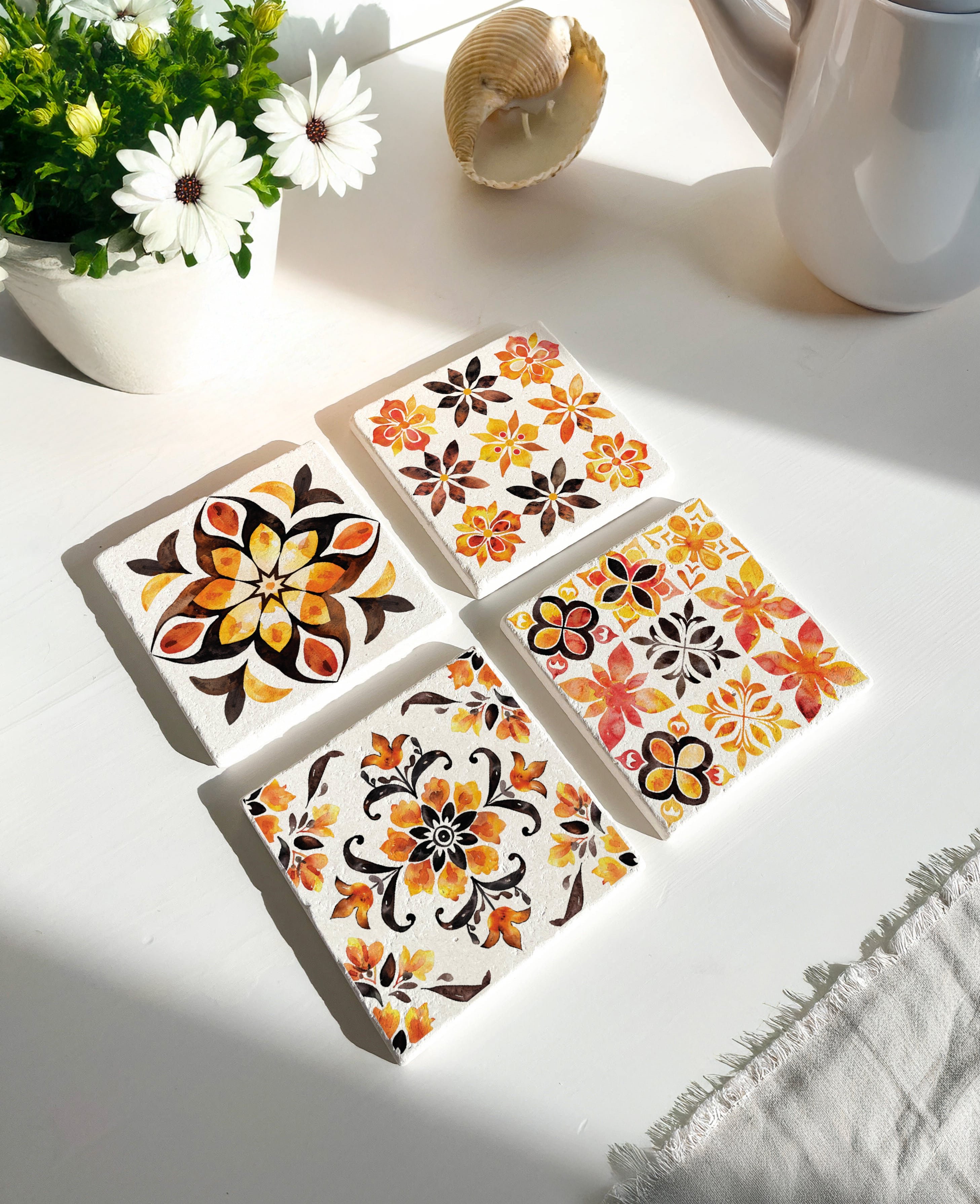Çiçek Desenli Doğal Taş Bardak Altlığı - 4'lü Set
