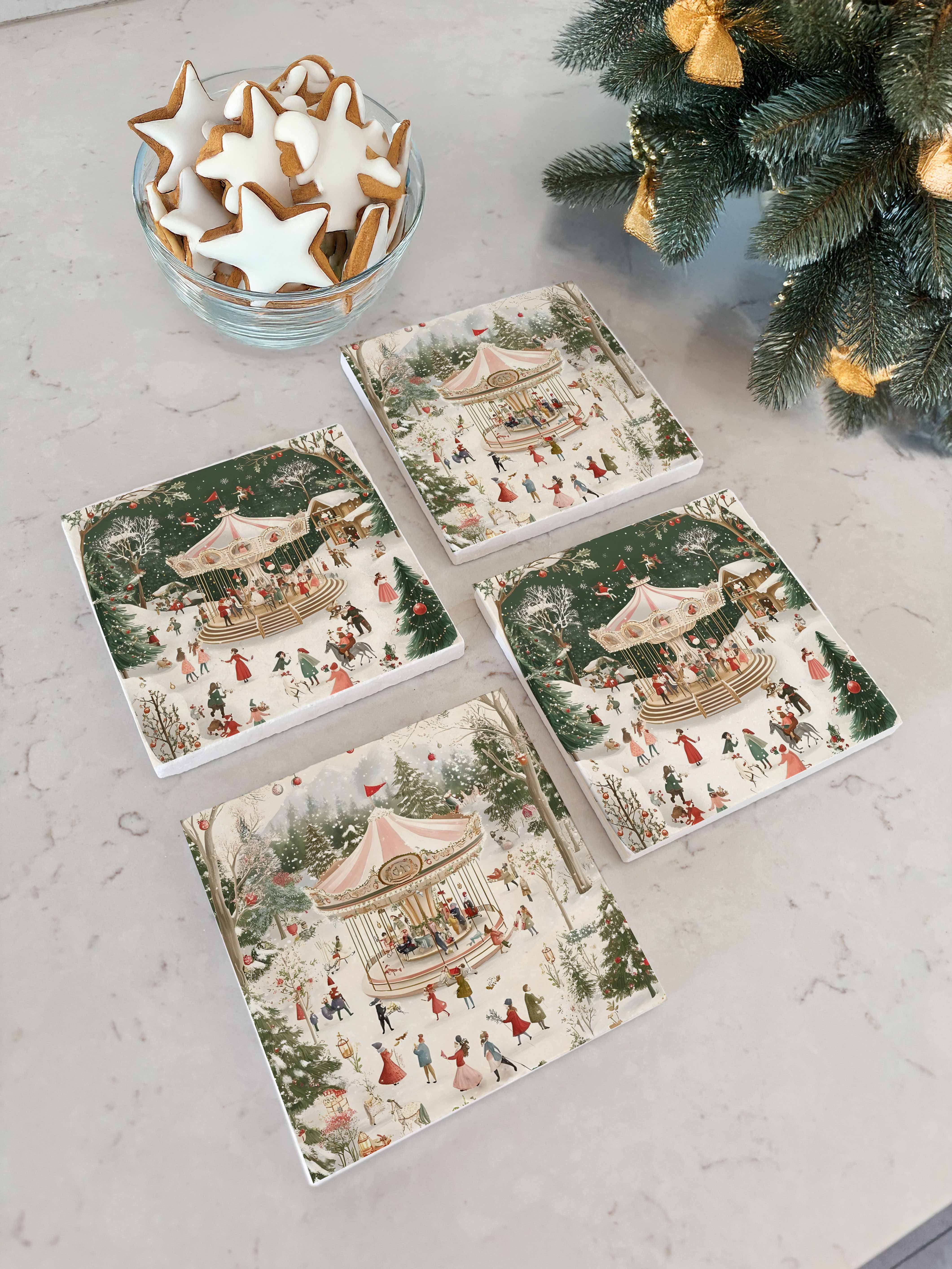 Atlı Karınca ve Kış Sahnesi Desenli Doğal Taş Bardak Altlığı, Ev Dekoru, Yılbaşı Hediyesi, 4’lü