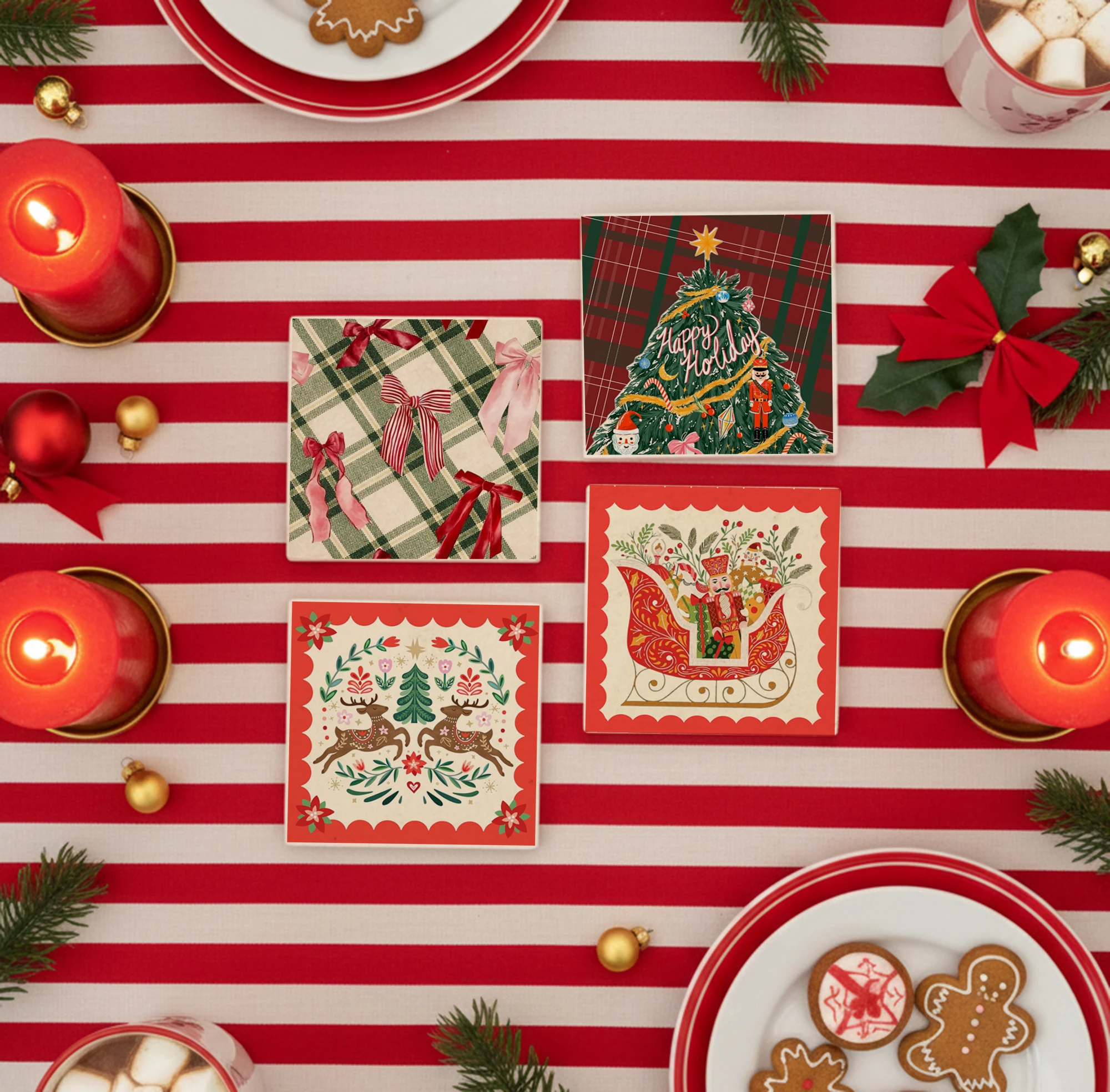 Kırmızı Yeşil Noel Desenli Doğal Taş Bardak Altlığı, Ev Dekoru, Yılbaşı Hediyesi, 4’lü