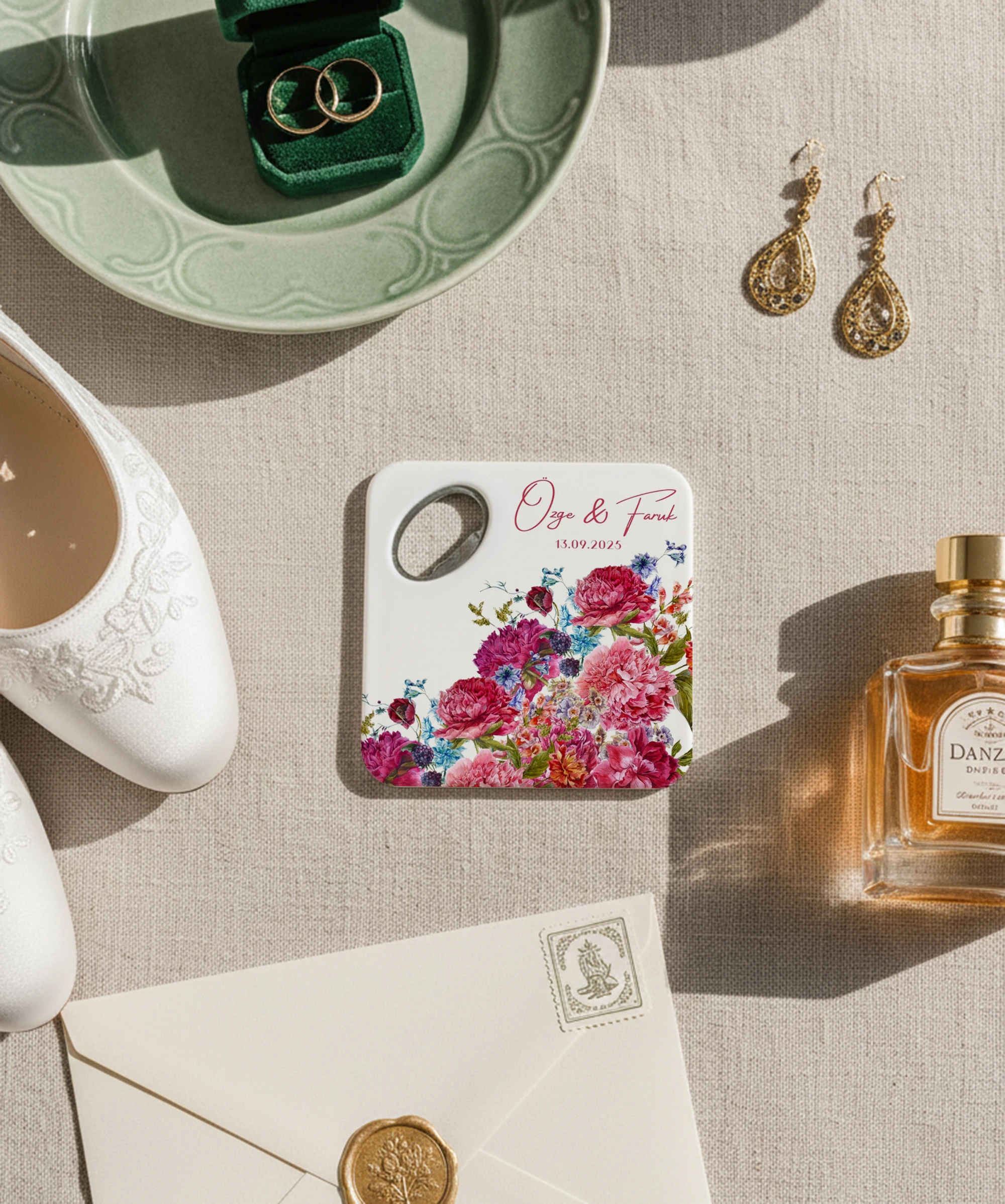 Canlı pembe çiçek desenli kişiye özel magnet açacak bardak altlığı düğün nişan bebek 20 adet