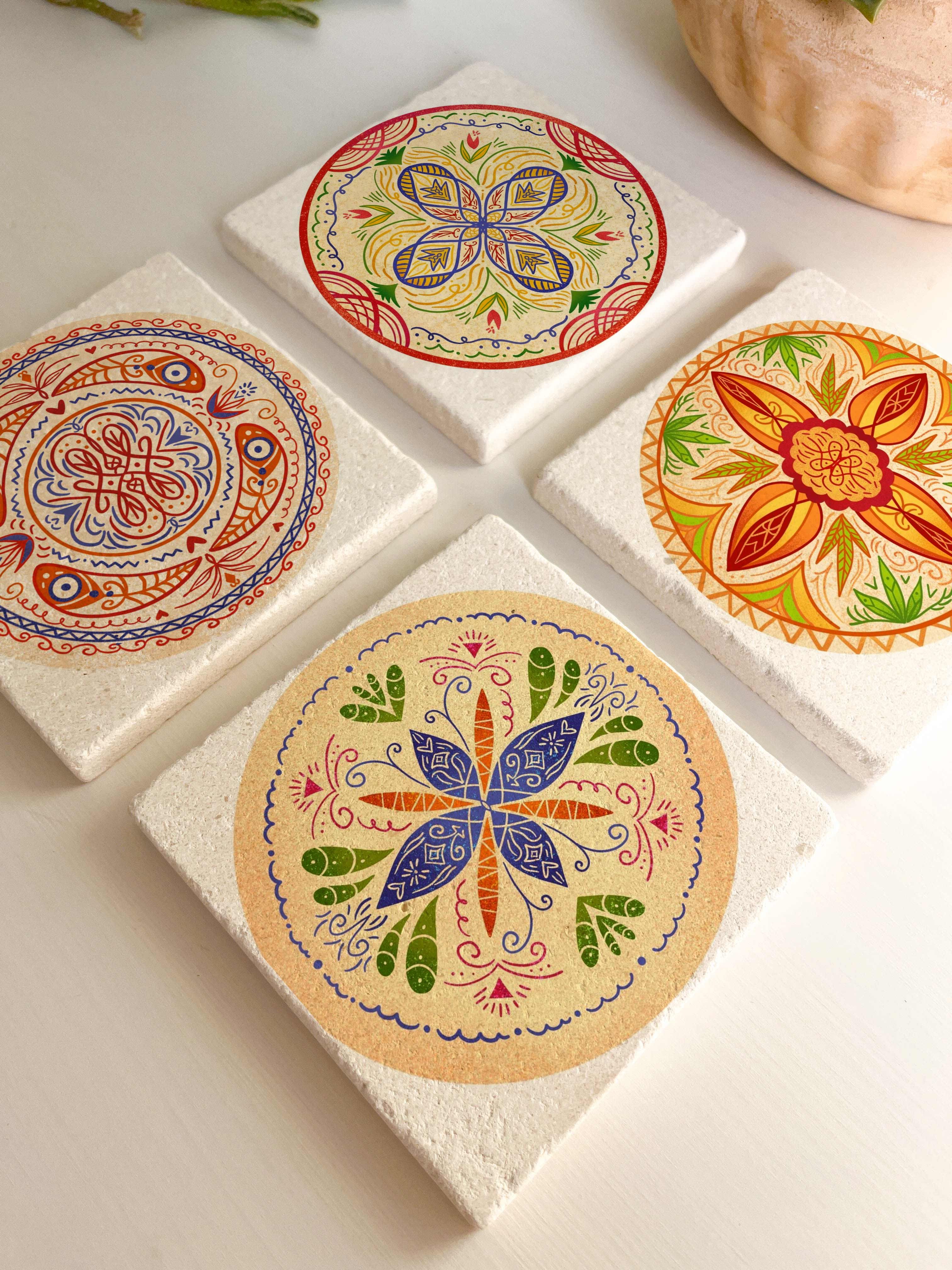Etnik Desenli Mandala Doğal Taş Bardak Altlığı, Mandala, Dekoratif Şık Tasarım, 4’lü Set