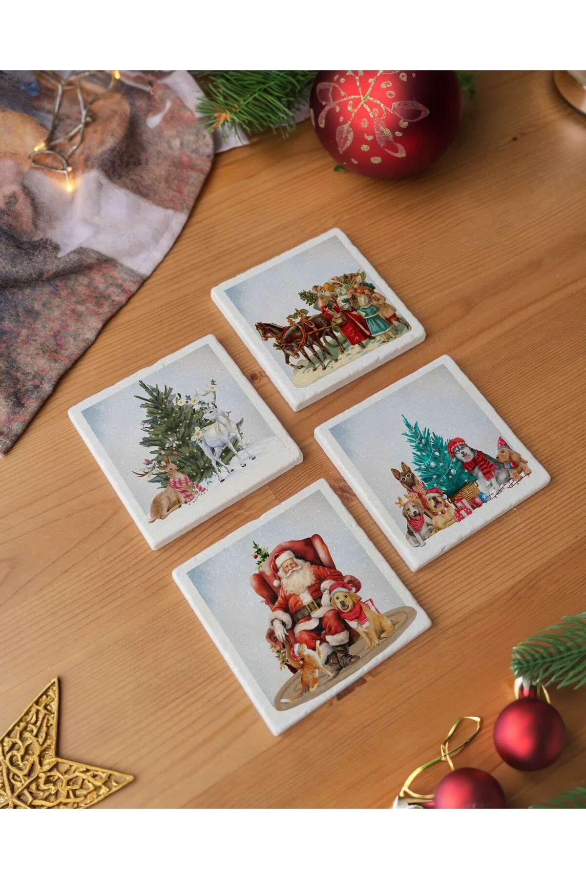 Arslat Atölye Yılbaşı Kartpostal Temalı Bardak Altlığı 4’lü Set Doğal Taş Traverten (10x10 cm)