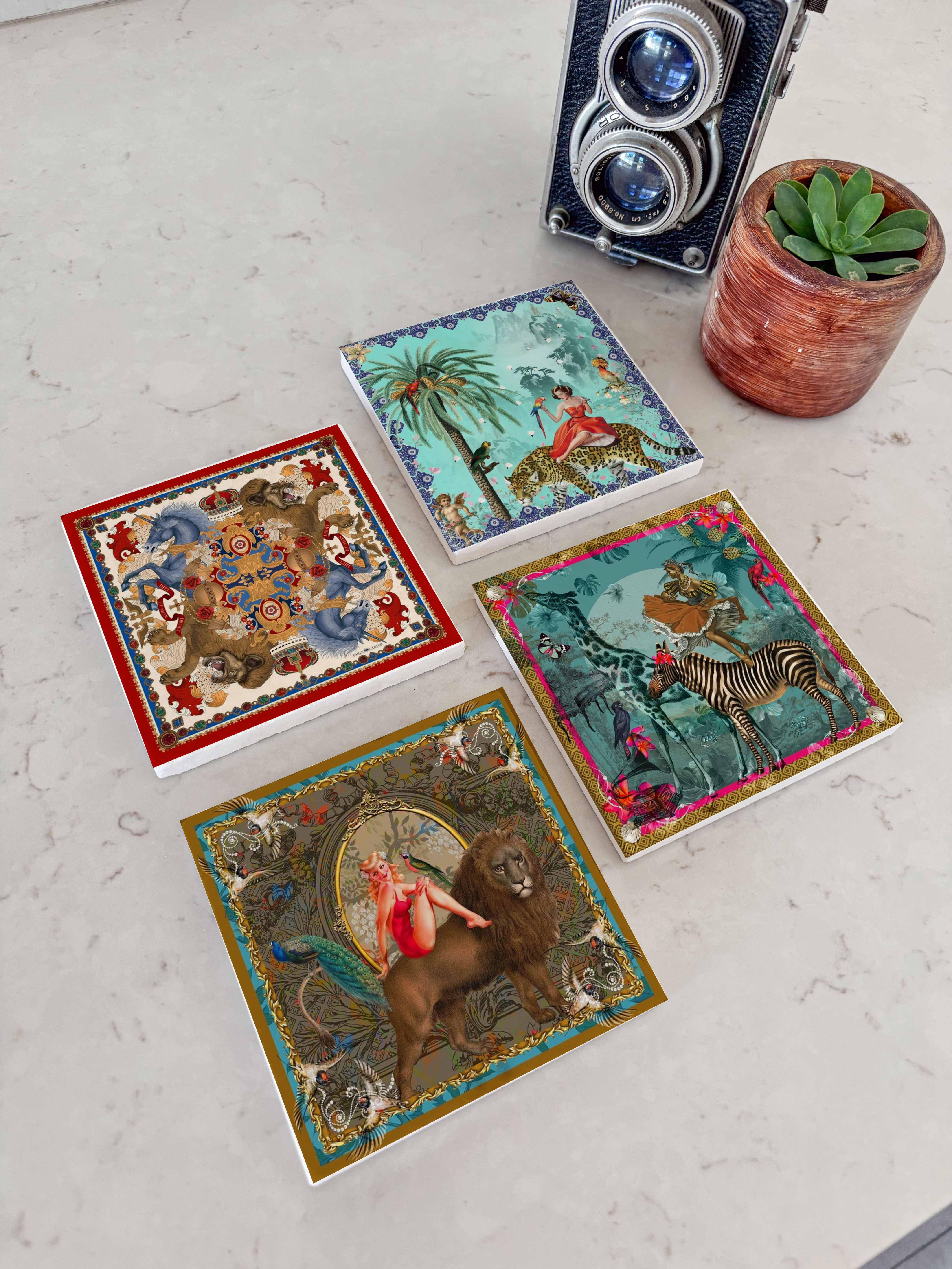 Tropikal Kadın ve Leopar Desenli Doğal Taş Bardak Altlığı, Yılbaşı Hediyesi, 4’lü