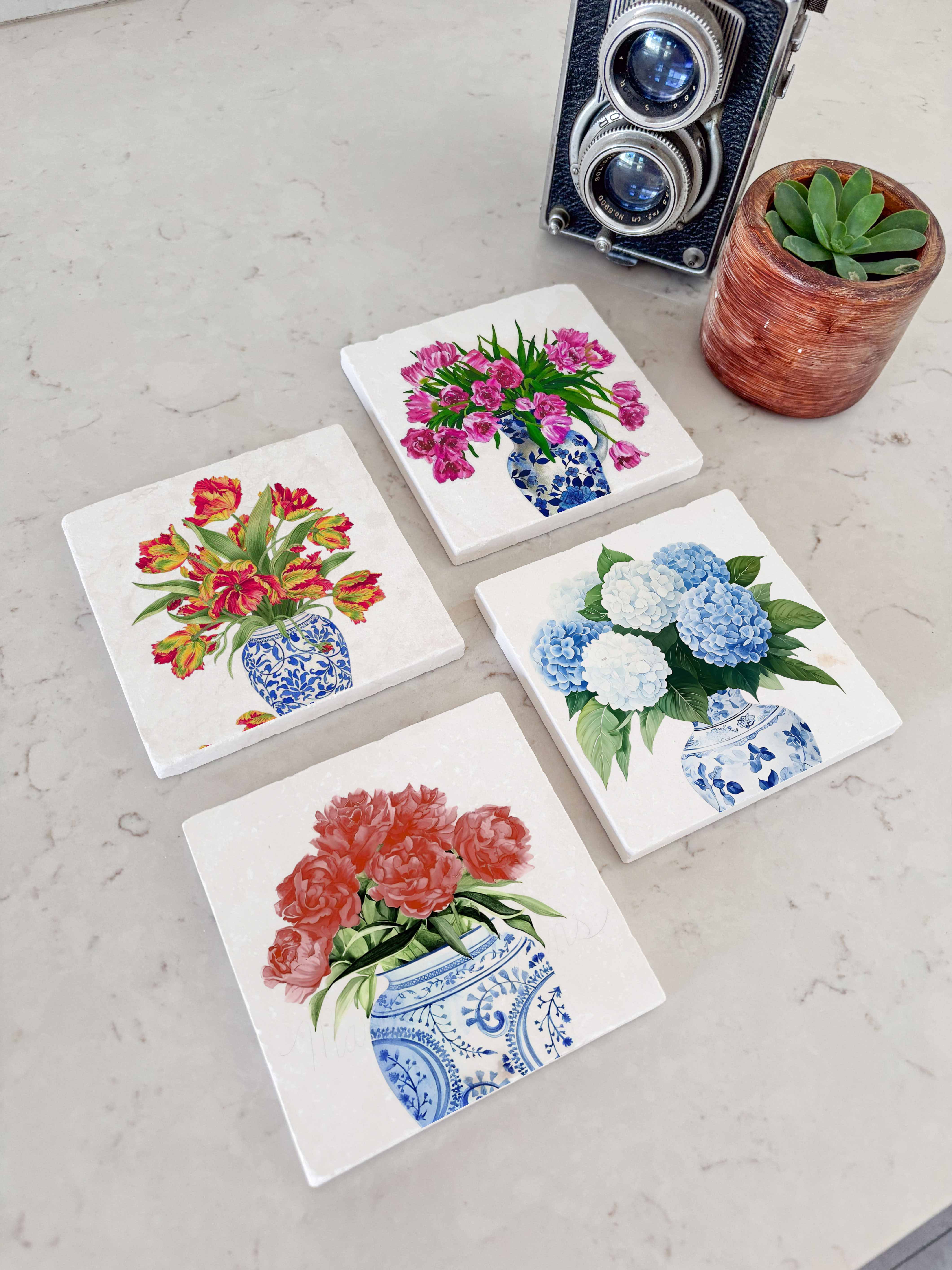 Çiçek Vazolu Desenli Doğal Taş Bardak Altlığı, Ev Dekoru, Hediye Seti, 4’lü