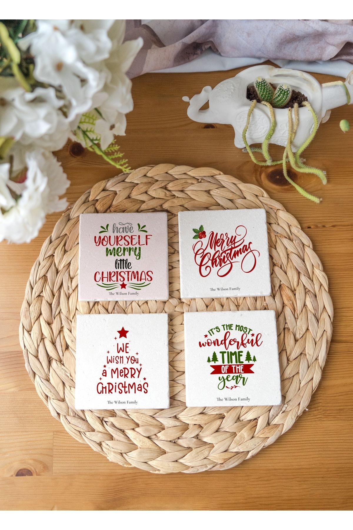 Arslat Atölye Christmas Motto Yazılı Bardak Altlığı 4’lü Set Doğal Taş Traverten (10x10 cm)