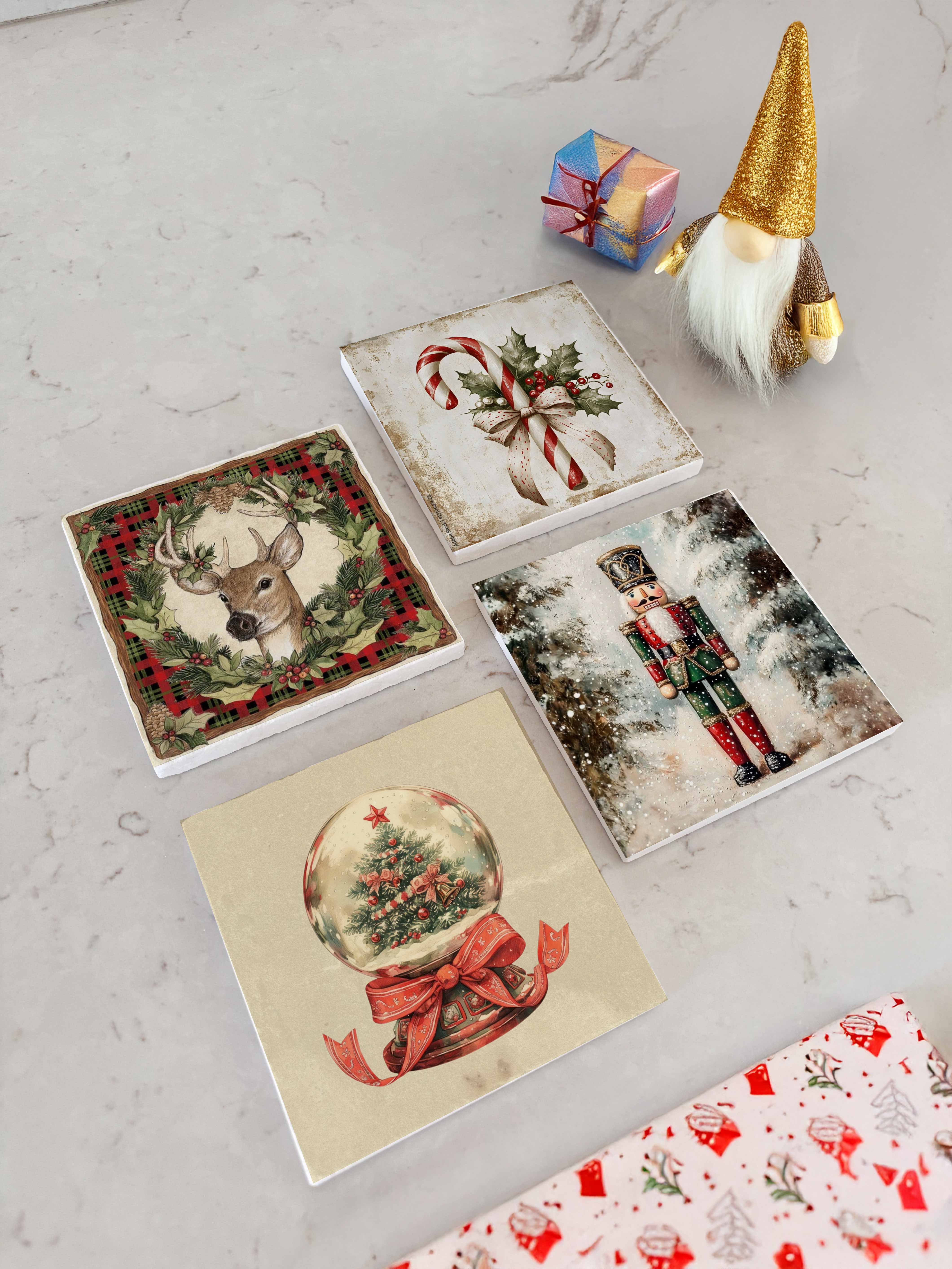 Geyik ve Kar Küresi Desenli Doğal Taş Bardak Altlığı, Ev Dekoru, Yılbaşı Hediyesi, 4’lü
