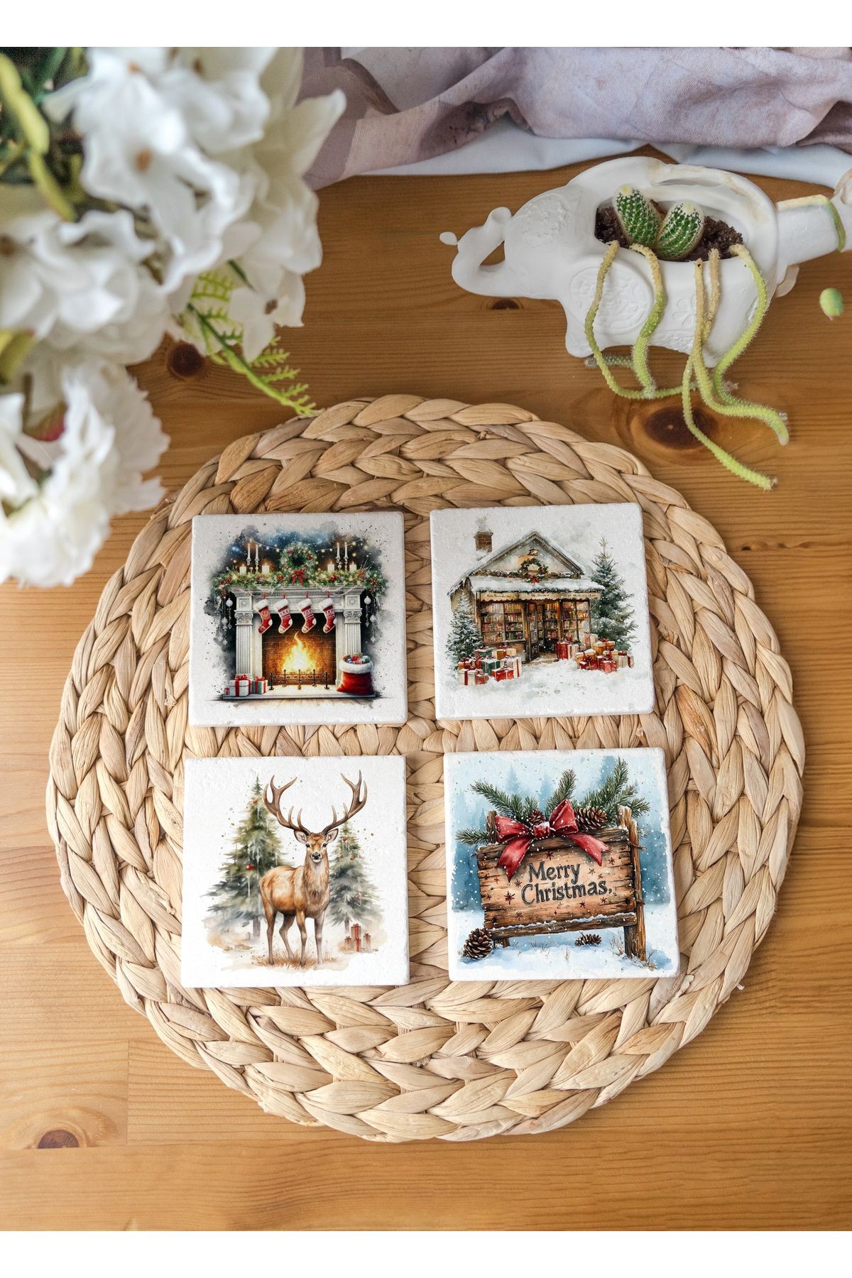 Arslat Atölye Yılbaşı Geyik ve Noel Baba Temalı Doğal Taş Bardak Altlığı 4’lü Set (10x10 cm)