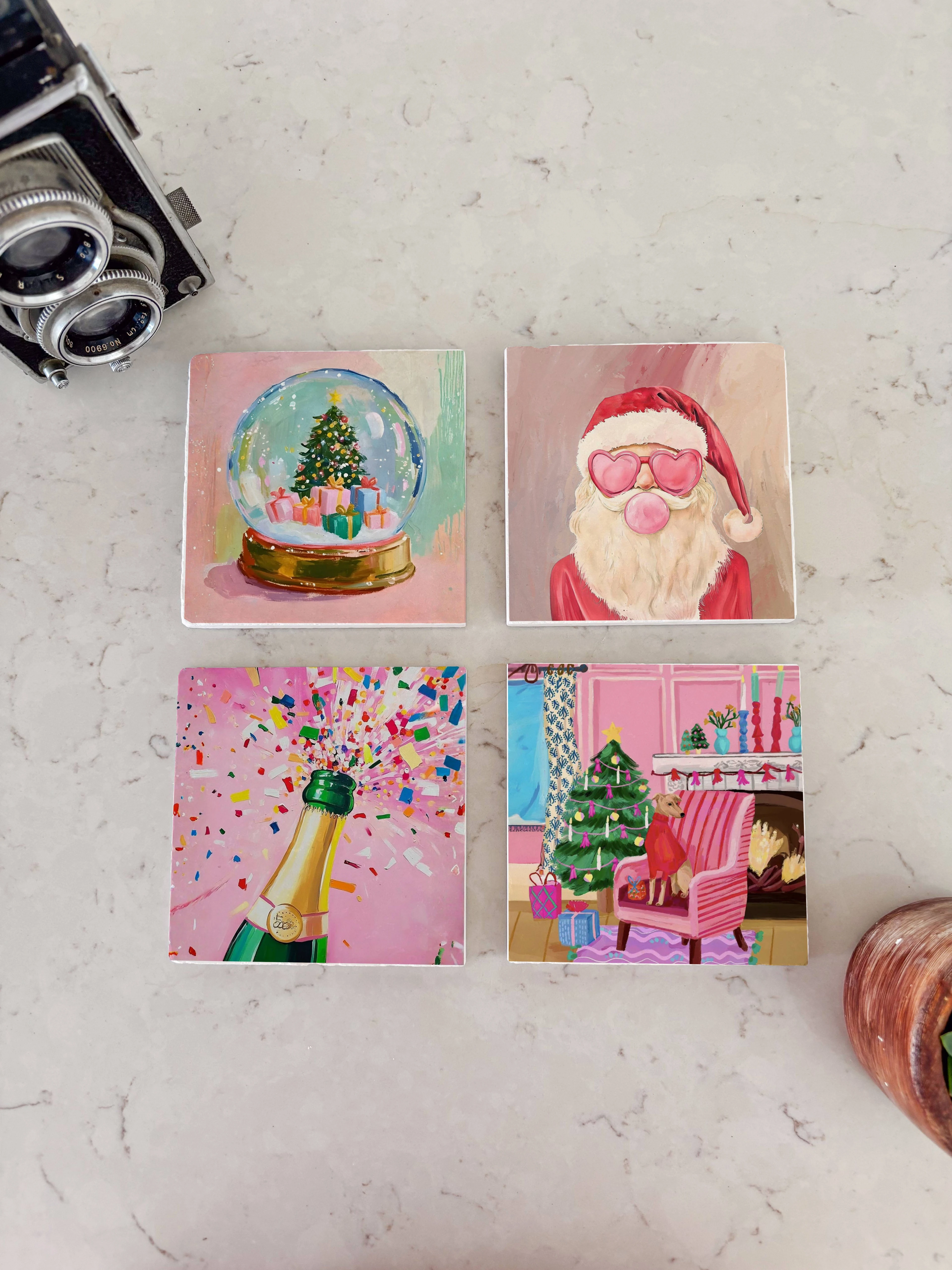 Eğlenceli Noel Baba ve Şampanya Temalı Doğal Taş Bardak Altlığı, Cozy Christmas Dekoru, Yılbaşı Hediyesi, 4’lü