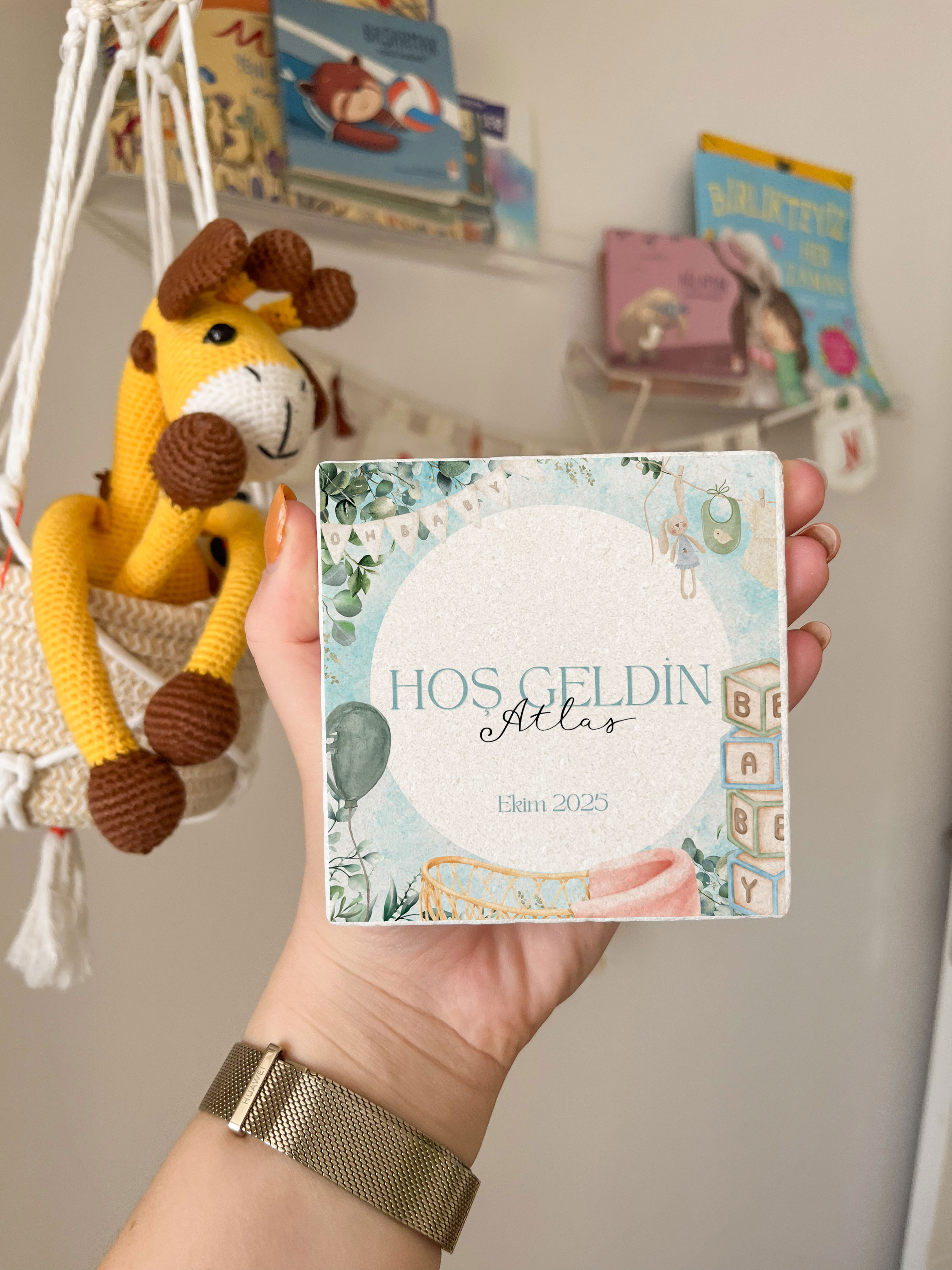 Hoş Geldin Bebek Desenli Doğal Taş Bardak Altlığı, Hastane Çıkışı Hediyeliği, 20 Adet