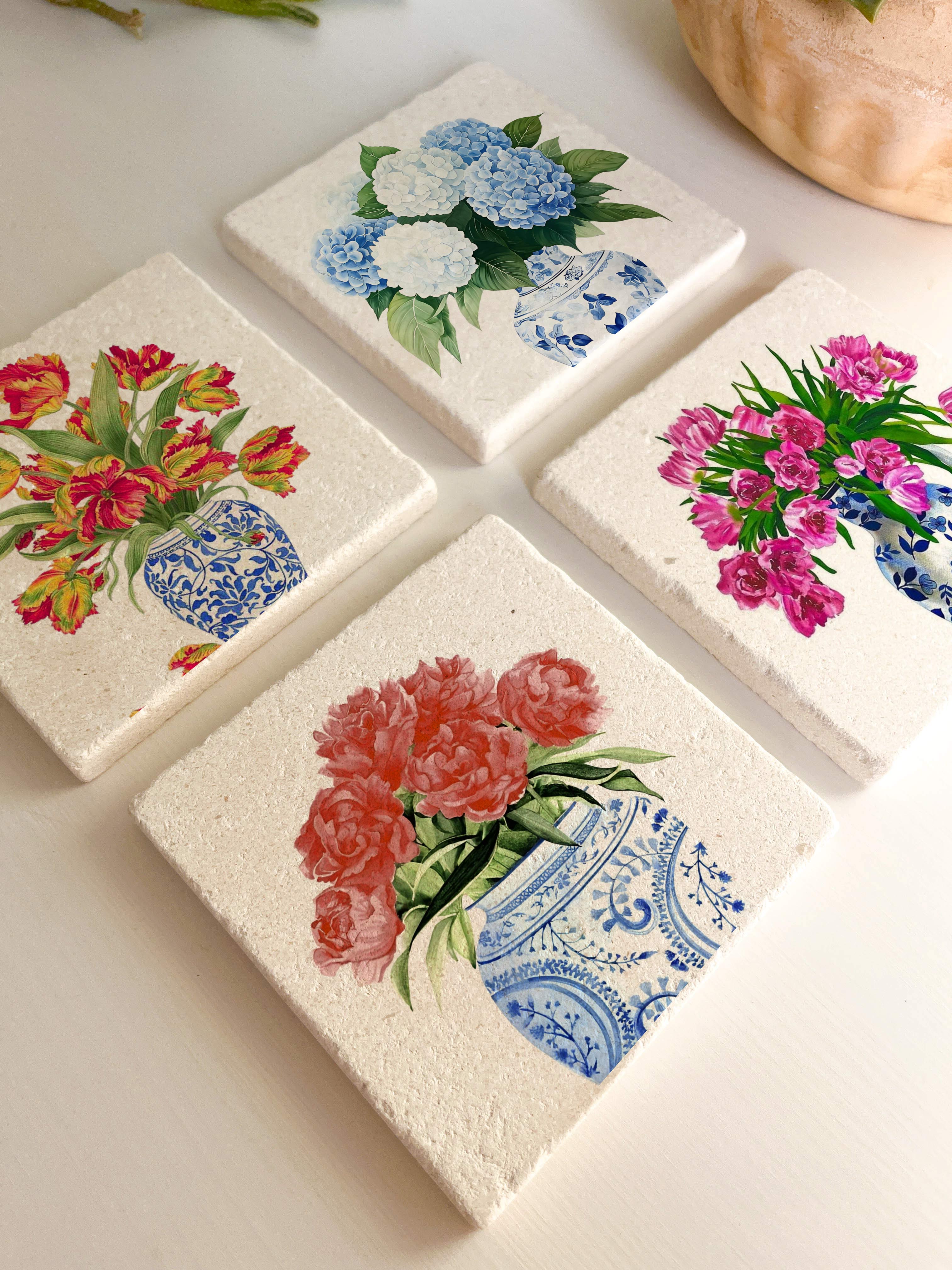 Çiçek Vazolu Desenli Doğal Taş Bardak Altlığı, Ev Dekoru, Hediye Seti, 4’lü