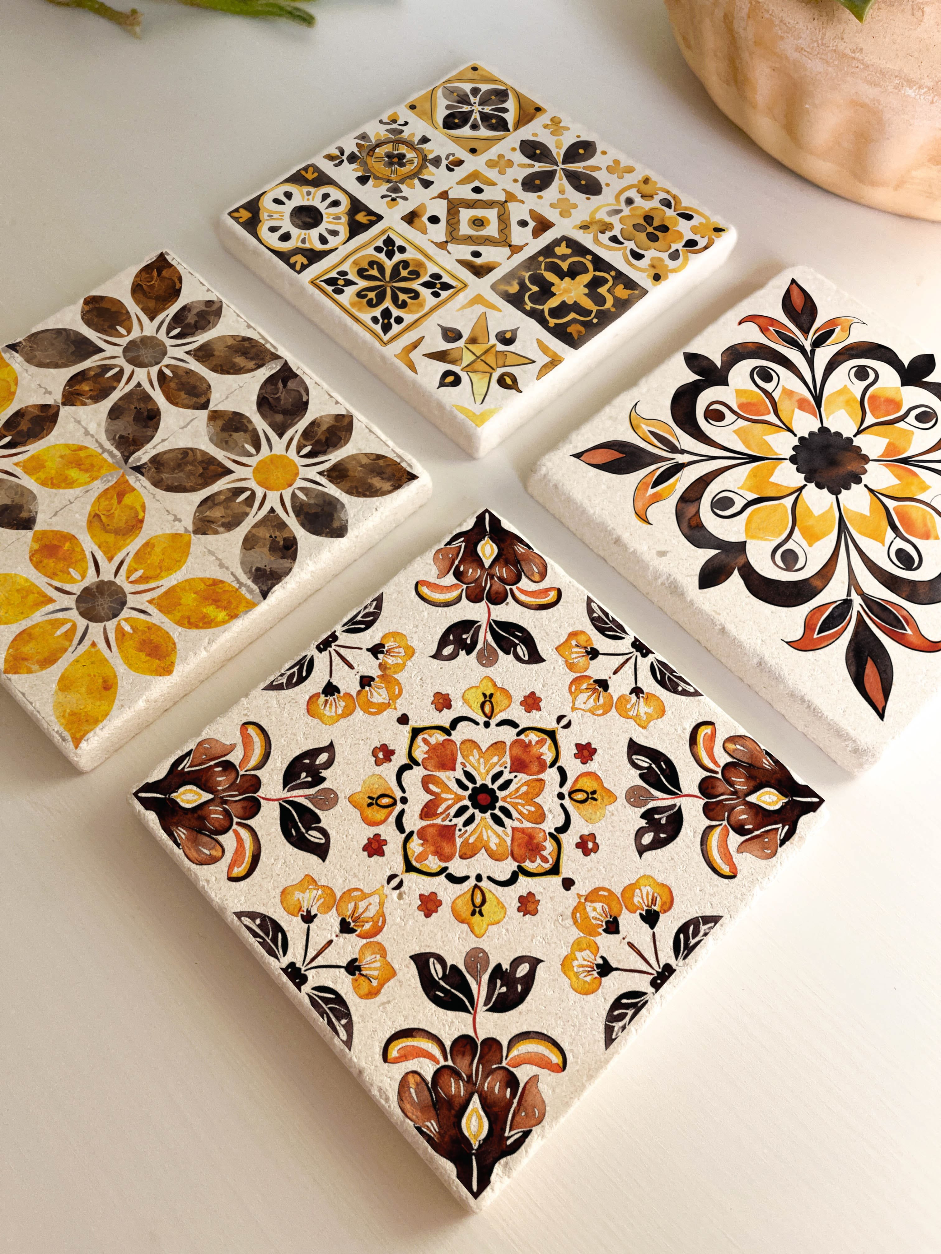 Çiçek Desenli Doğal Taş Bardak Altlığı - 4'lü Set