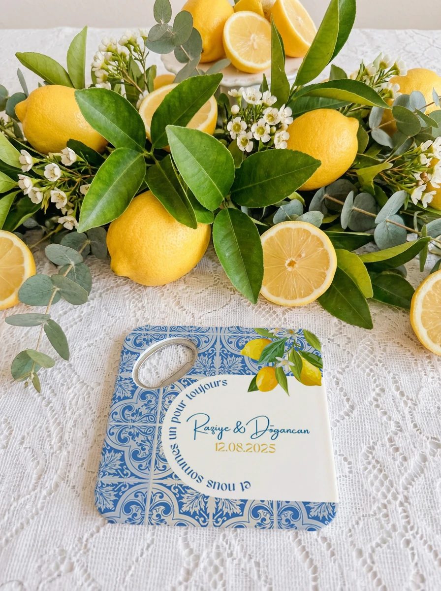 Limon desenli mavi motifli magnet açacak bardak altlığı kişiye özel düğün nişan hediyelik 20 adet