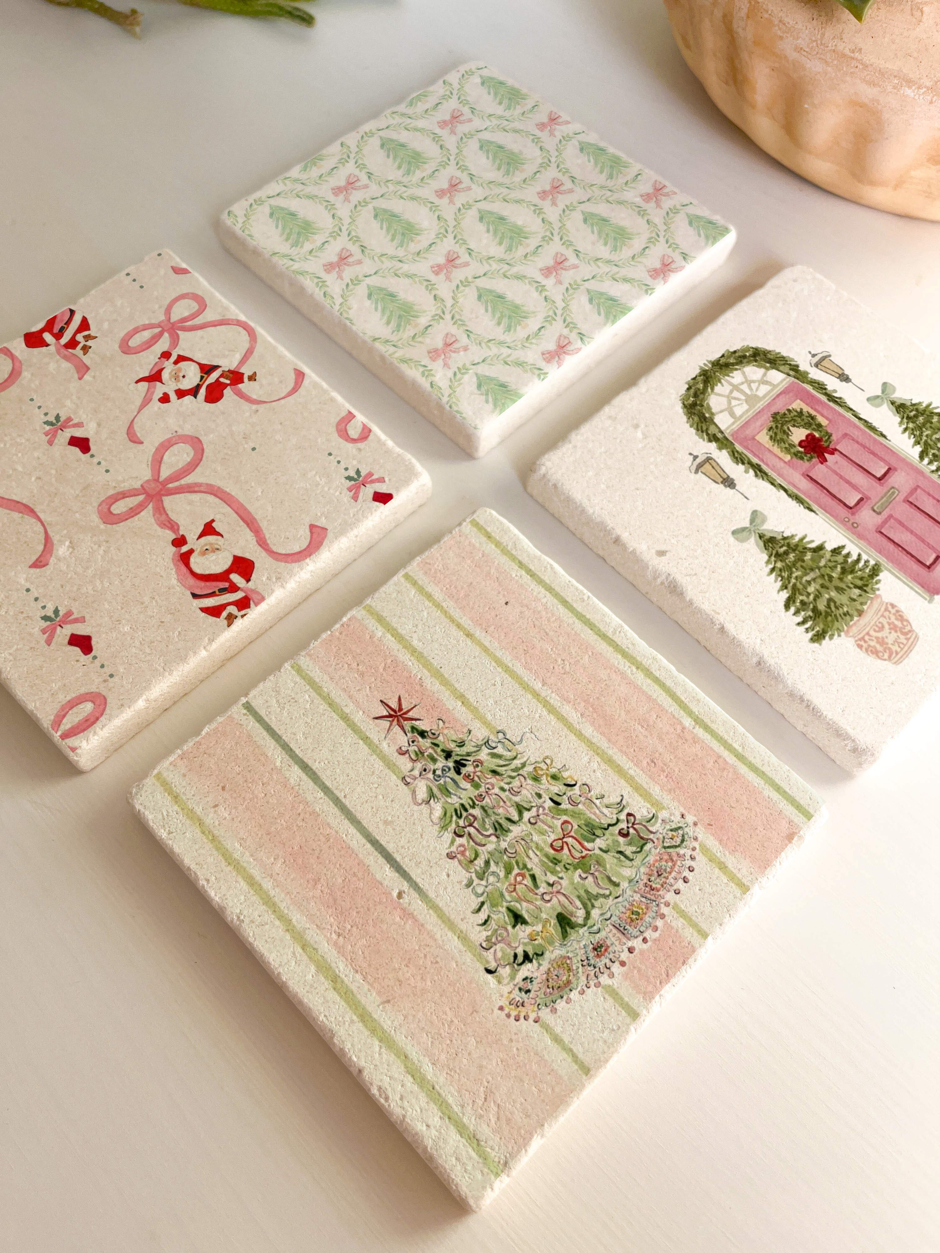 Pembe ve Yeşil Yılbaşı Desenli Doğal Taş Bardak Altlığı, Ev Dekoru, Yılbaşı Hediyesi, 4’lü