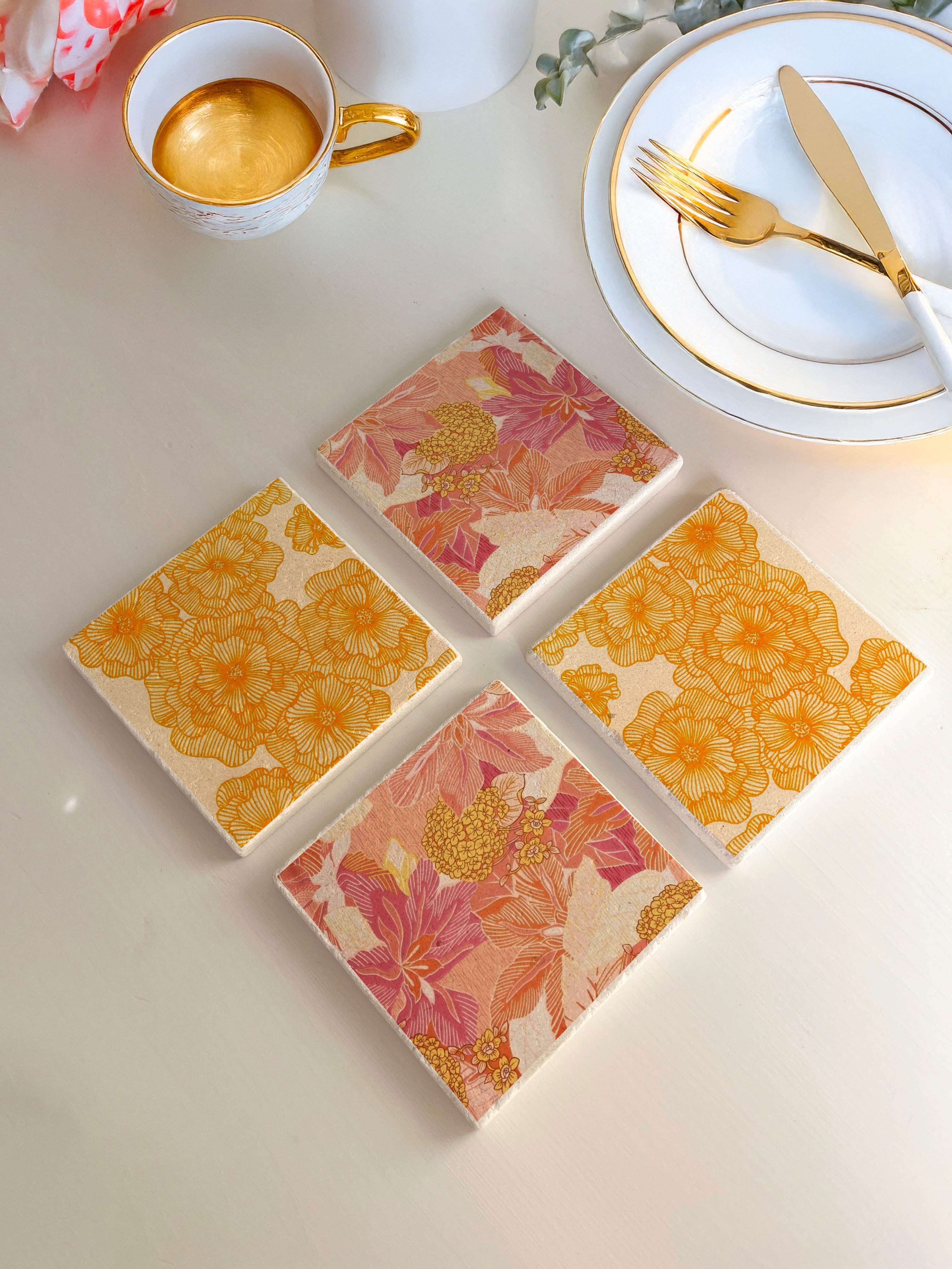 Yaz Temalı Sunumluk Sarı ve Pembe Çiçek Desenli Doğal Taş Bardak Altlığı 4’lü Set