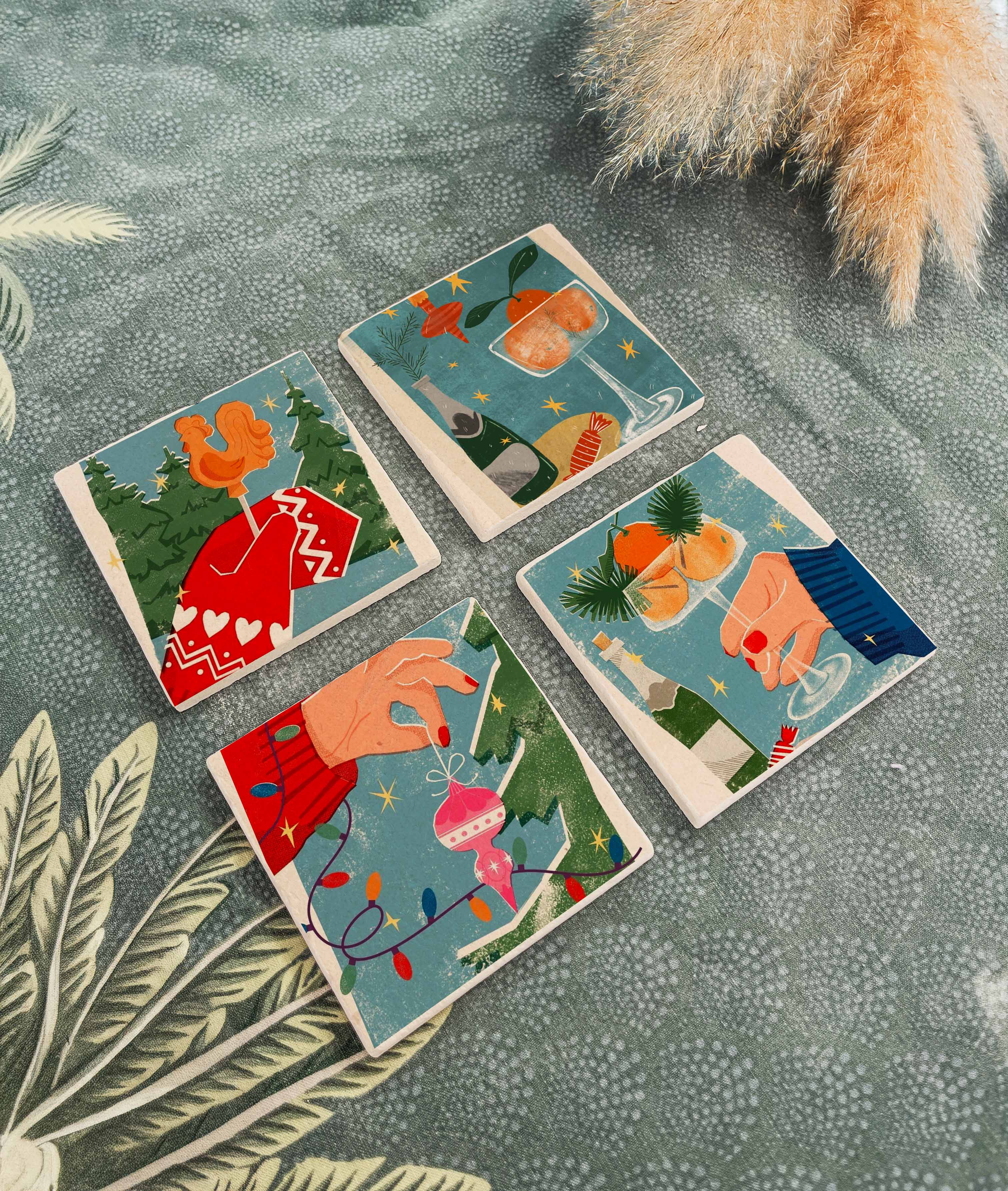 Yılbaşı Kutlama Temalı Doğal Taş Bardak Altlığı, Şampanya ve Ağaç Süslemeli, Yılbaşı Hediyesi, 4’lü