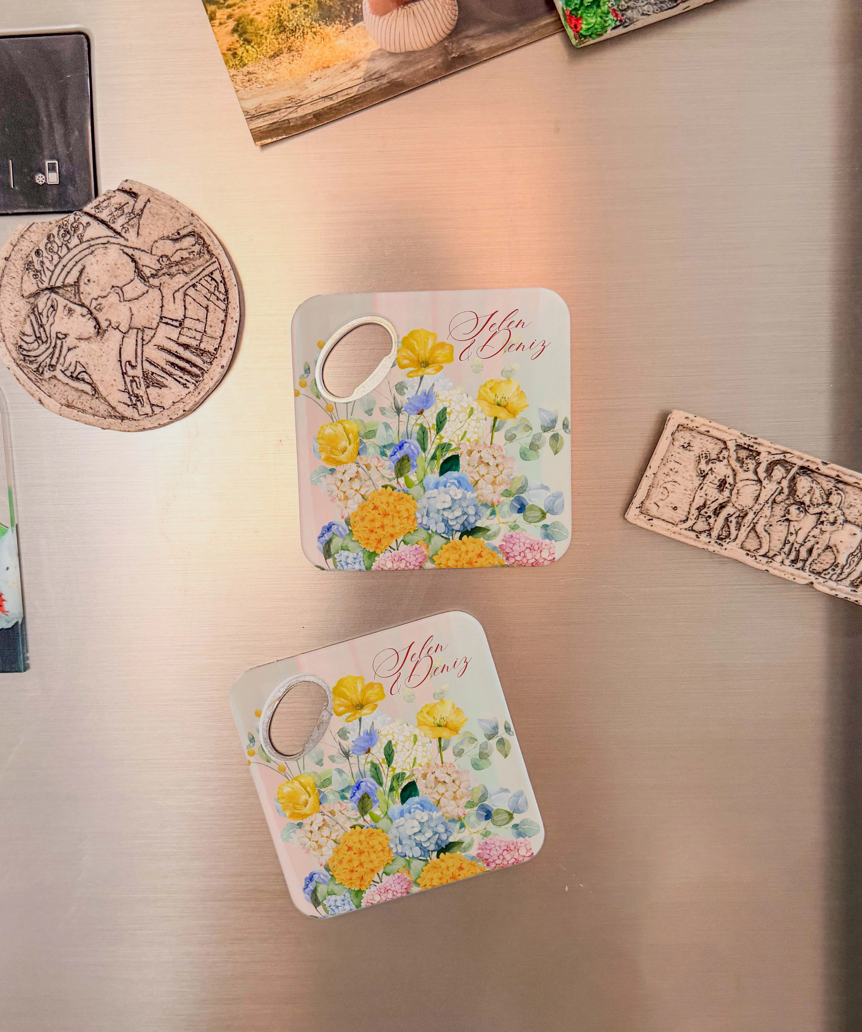 Pastel çiçek desenli kişiye özel magnet açacak bardak altlığı düğün nişan bebek 20 adet