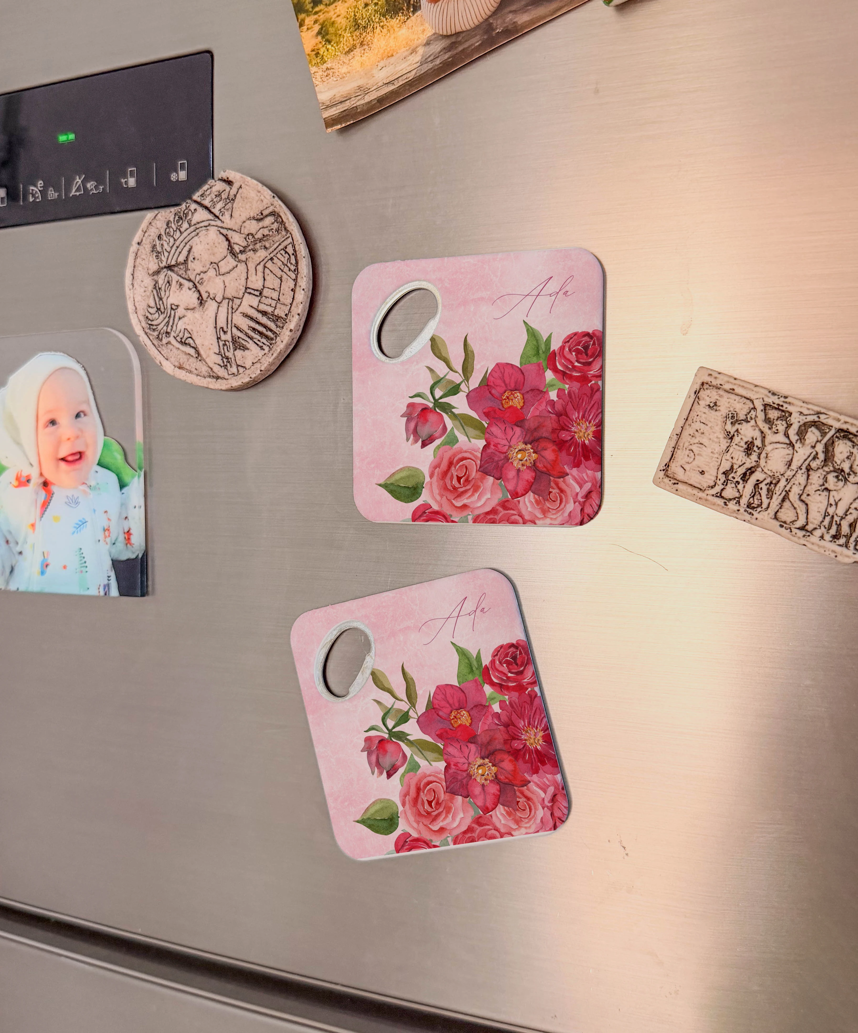 Pembe çiçek desenli kişiye özel magnet açacak bardak altlığı düğün nişan bebek hediyelik 20 adet