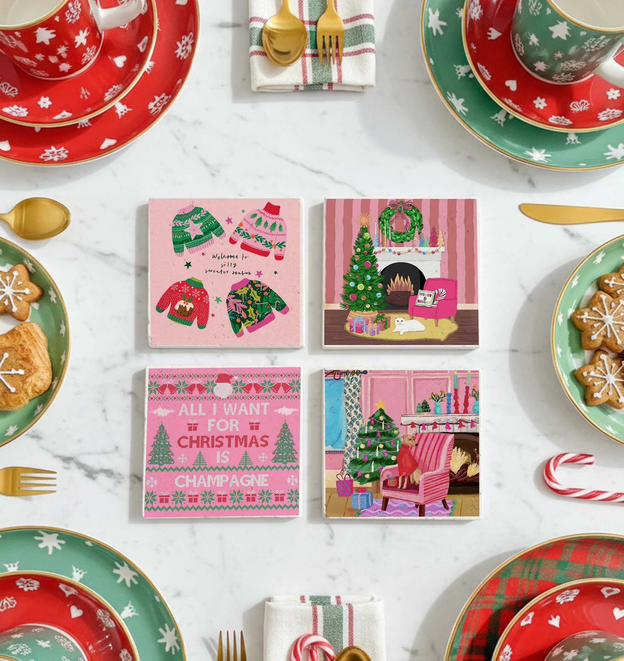 Noel Kazakları ve Cozy Ev Temalı Doğal Taş Bardak Altlığı, Yılbaşı Hediyesi, 4’lü