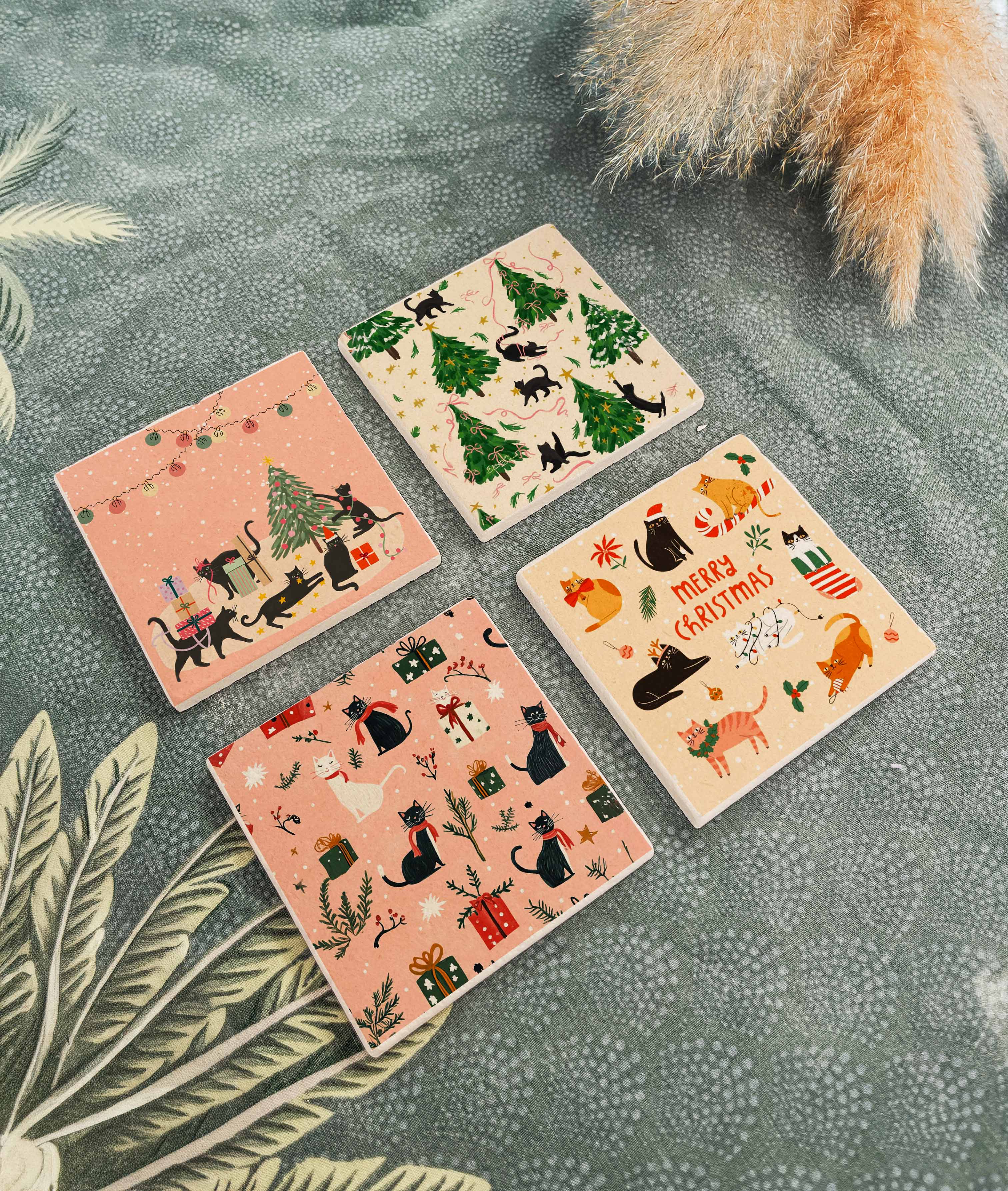 Kedi Desenli Doğal Taş Bardak Altlığı, Sevimli Noel Teması, Yılbaşı Hediyesi, 4’lü