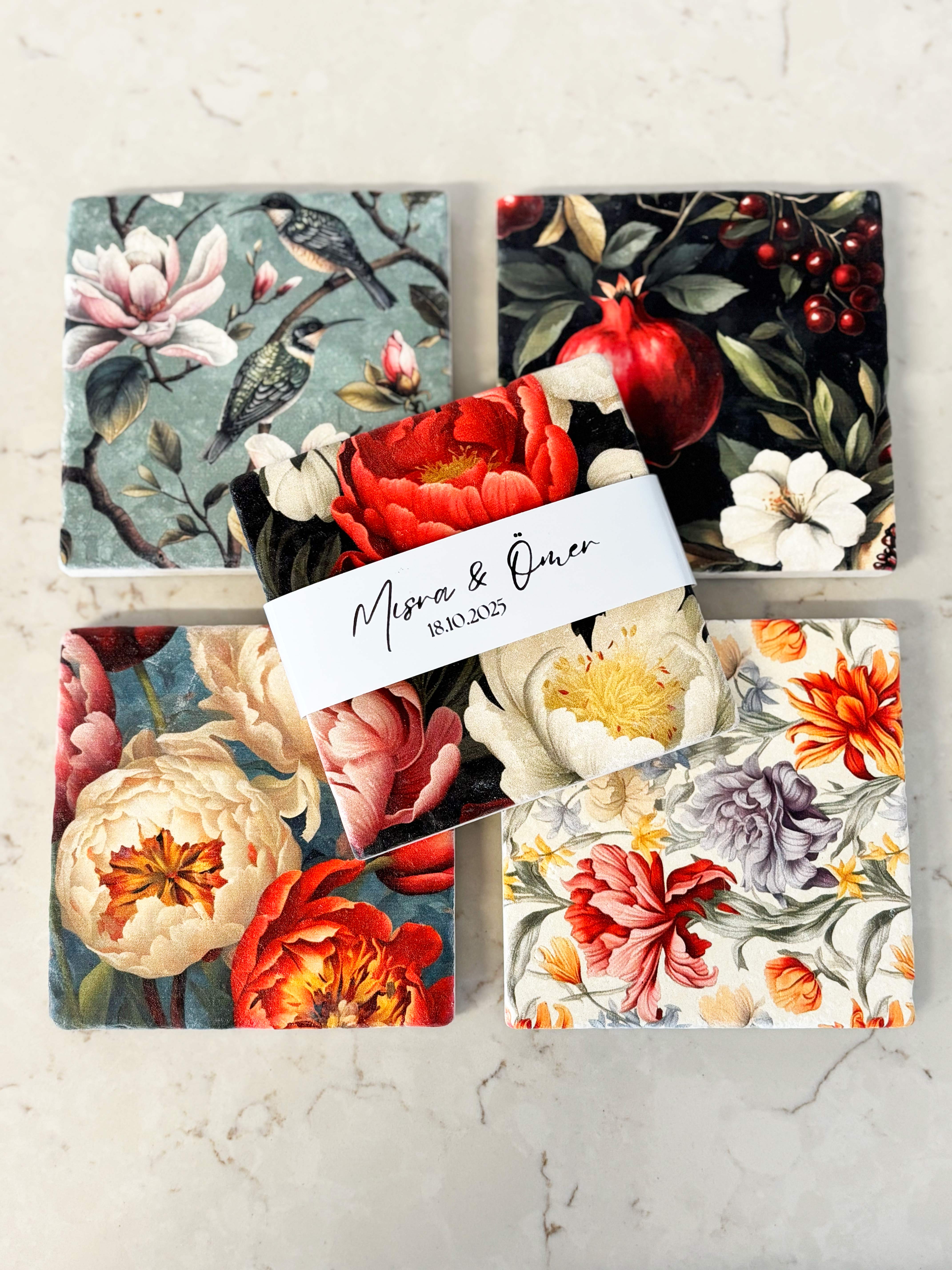 Şakayık Gül Nar Desenli Doğal Taş Bardak Altlığı Seti, Kişiye Özel Hediyelik, 20 Adet