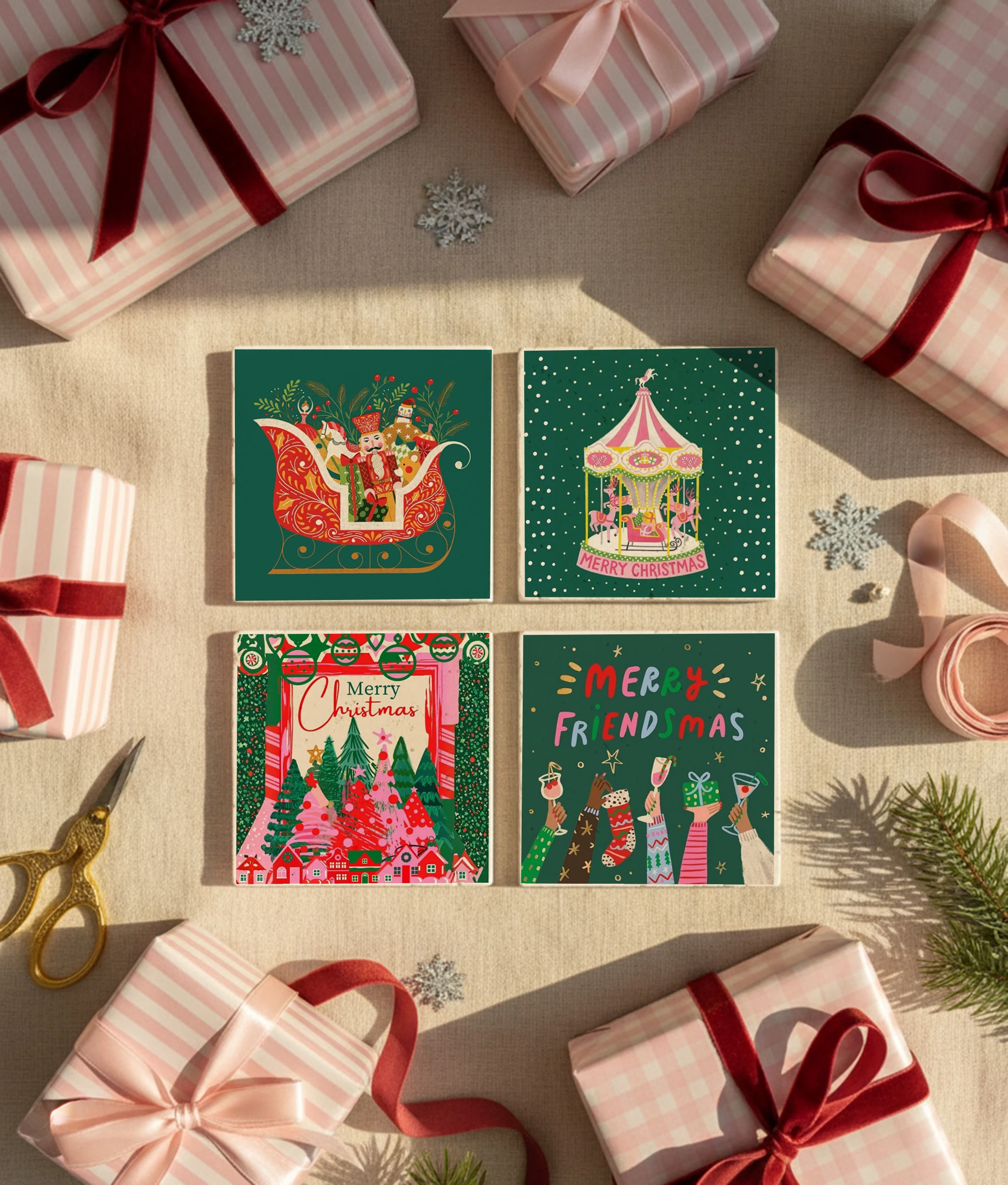 Renkli Merry Christmas Desenli Doğal Taş Bardak Altlığı, Eğlenceli Ev Dekoru, Yılbaşı Hediyesi, 4’lü