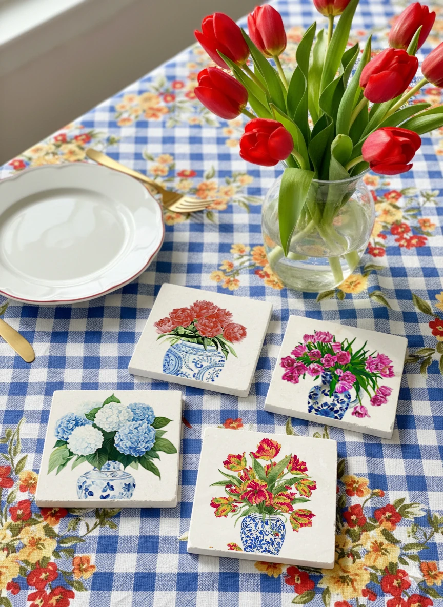 Çiçek Vazolu Desenli Doğal Taş Bardak Altlığı, Ev Dekoru, Hediye Seti, 4’lü