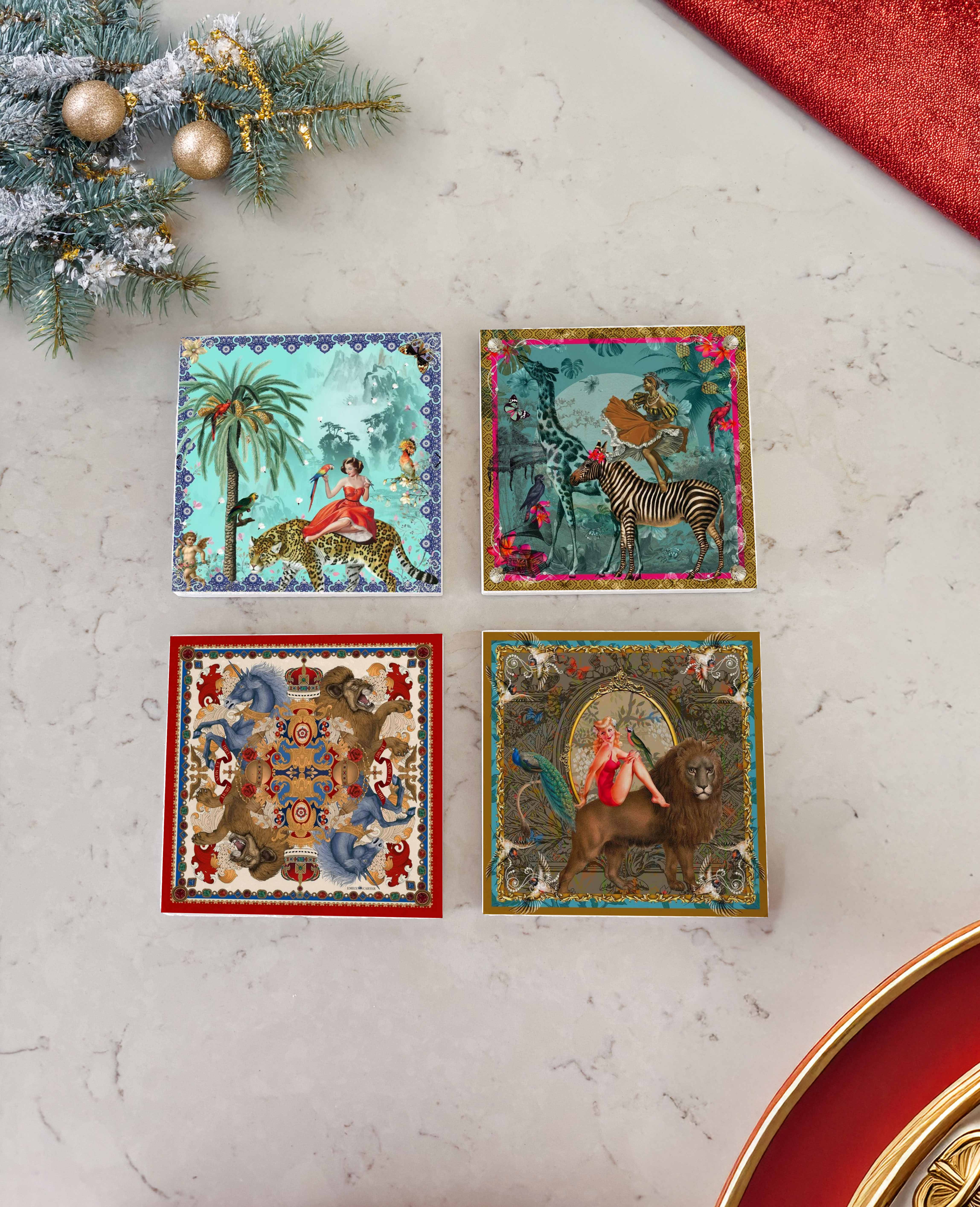 Tropikal Kadın ve Leopar Desenli Doğal Taş Bardak Altlığı, Yılbaşı Hediyesi, 4’lü