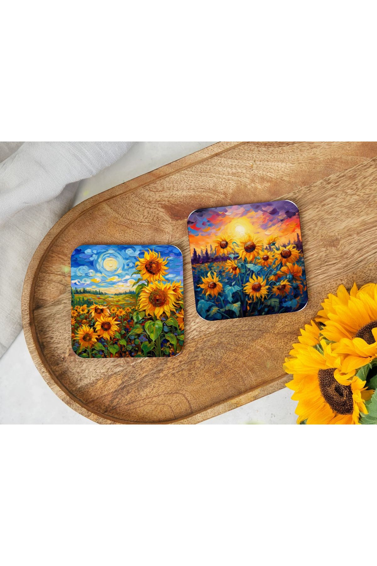 Atölye Ayçiçeği Sanatı Ahşap Bardak Altlığı 4’lü Set (10x10 cm)
