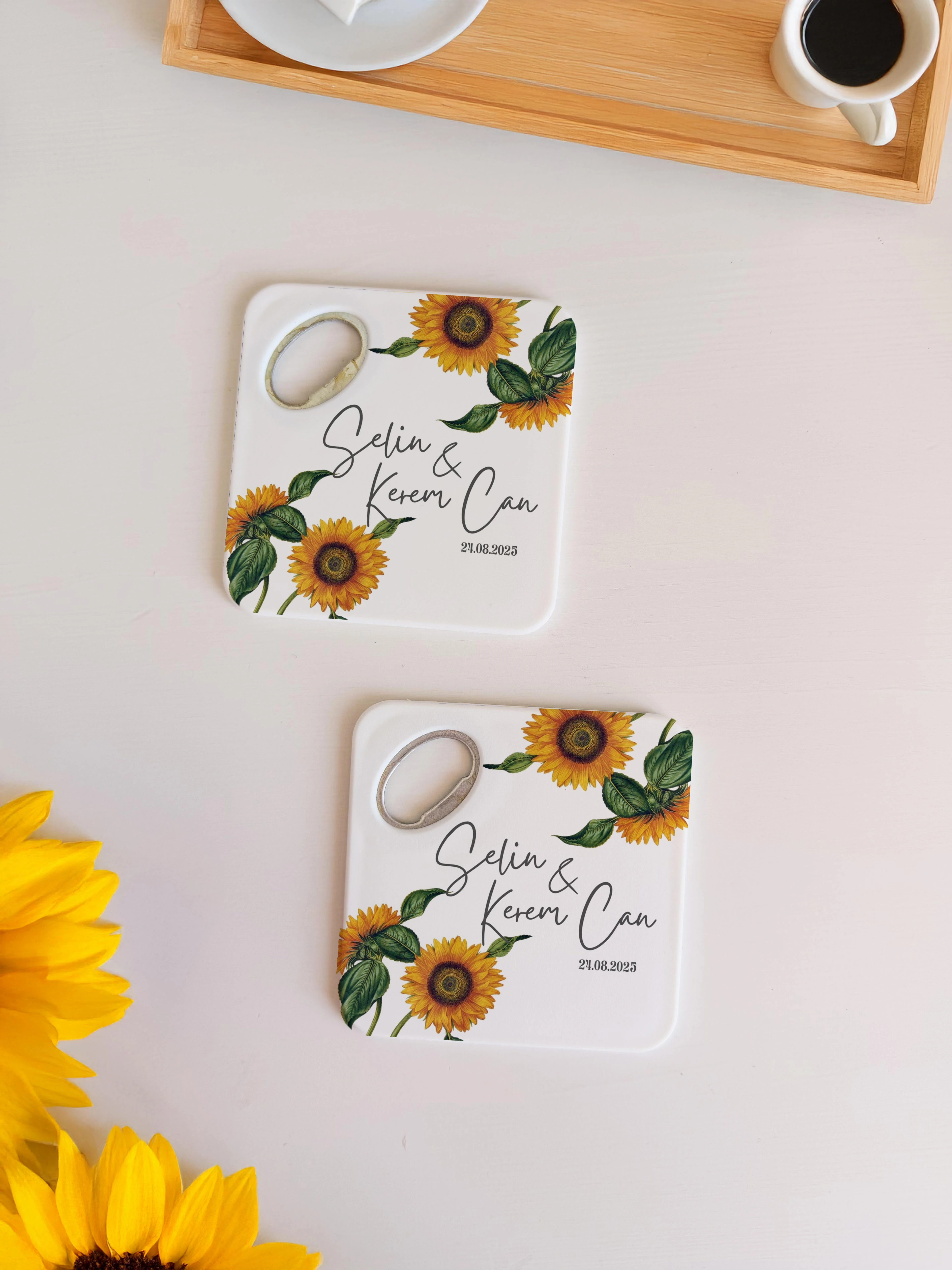 Ayçiçek desenli beyaz tasarım magnet açacak bardak altlığı kişiye özel düğün nişan hediyelik 20 adet
