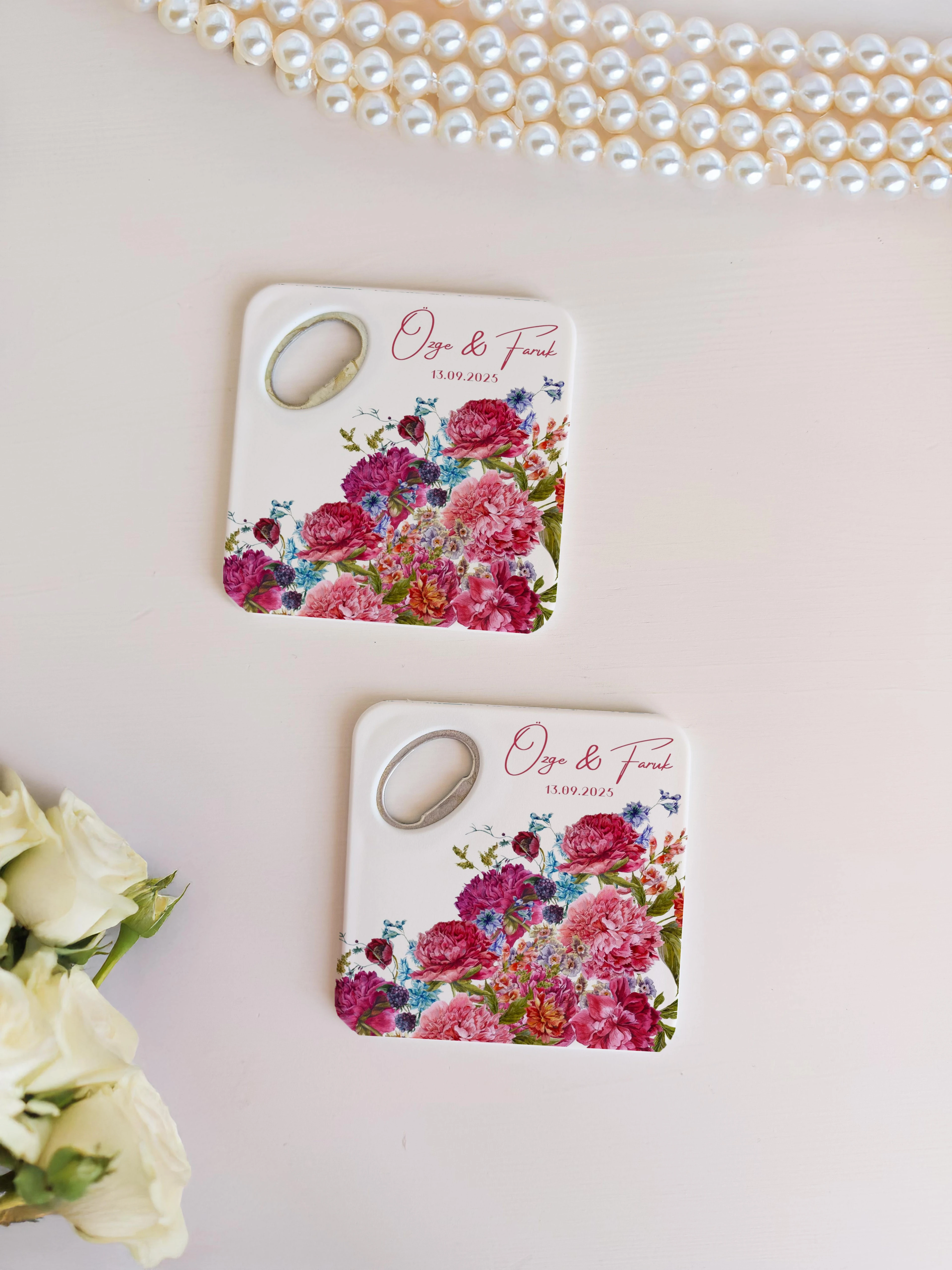 Canlı pembe çiçek desenli kişiye özel magnet açacak bardak altlığı düğün nişan bebek 20 adet