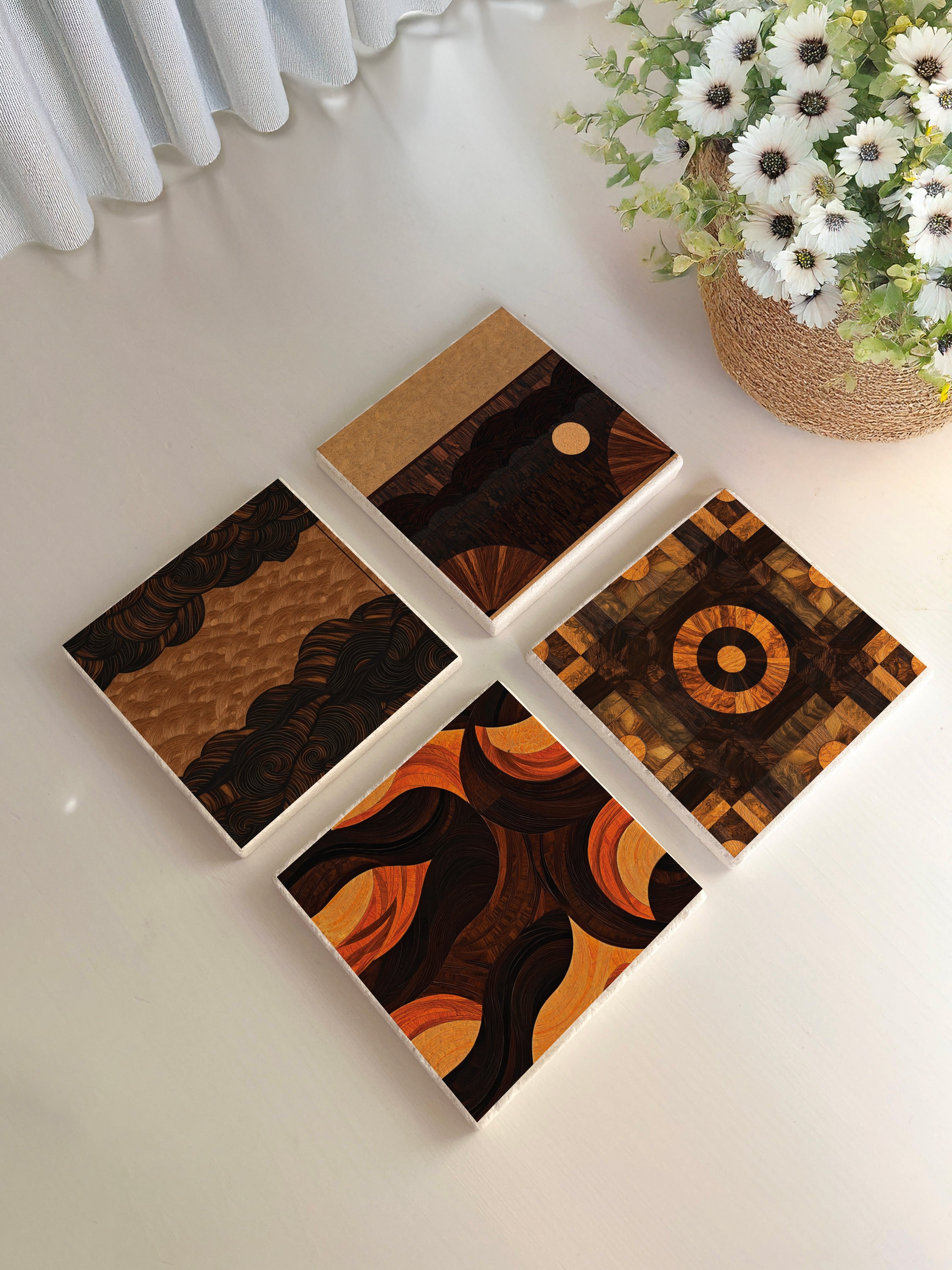Retro Geometrik Desenli Doğal Taş Bardak Altlığı -4 'lü Set