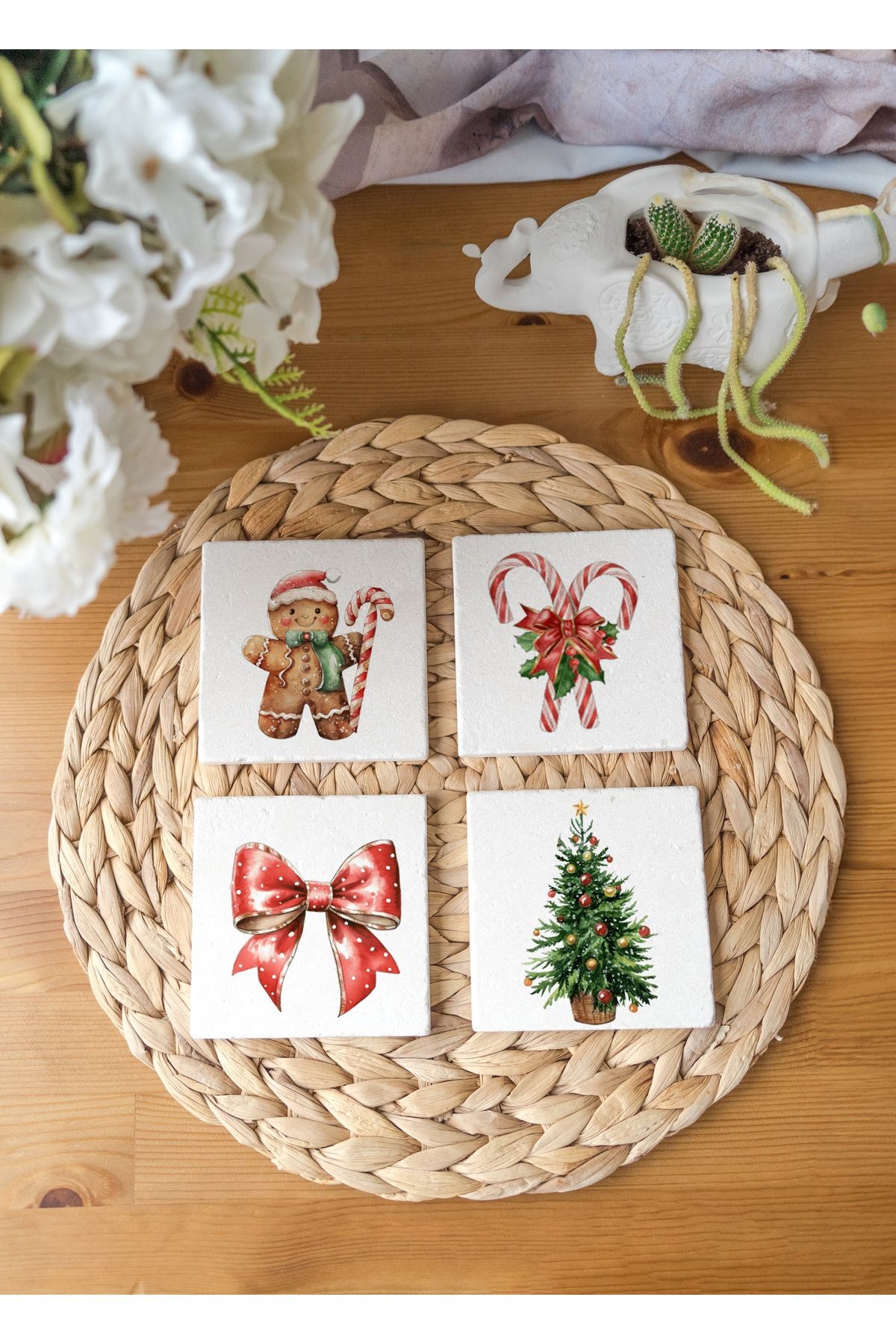 Atölye Gingerbread ve Şeker Temalı Bardak Altlığı 4’lü Set Doğal Taş Traverten (10x10 cm)