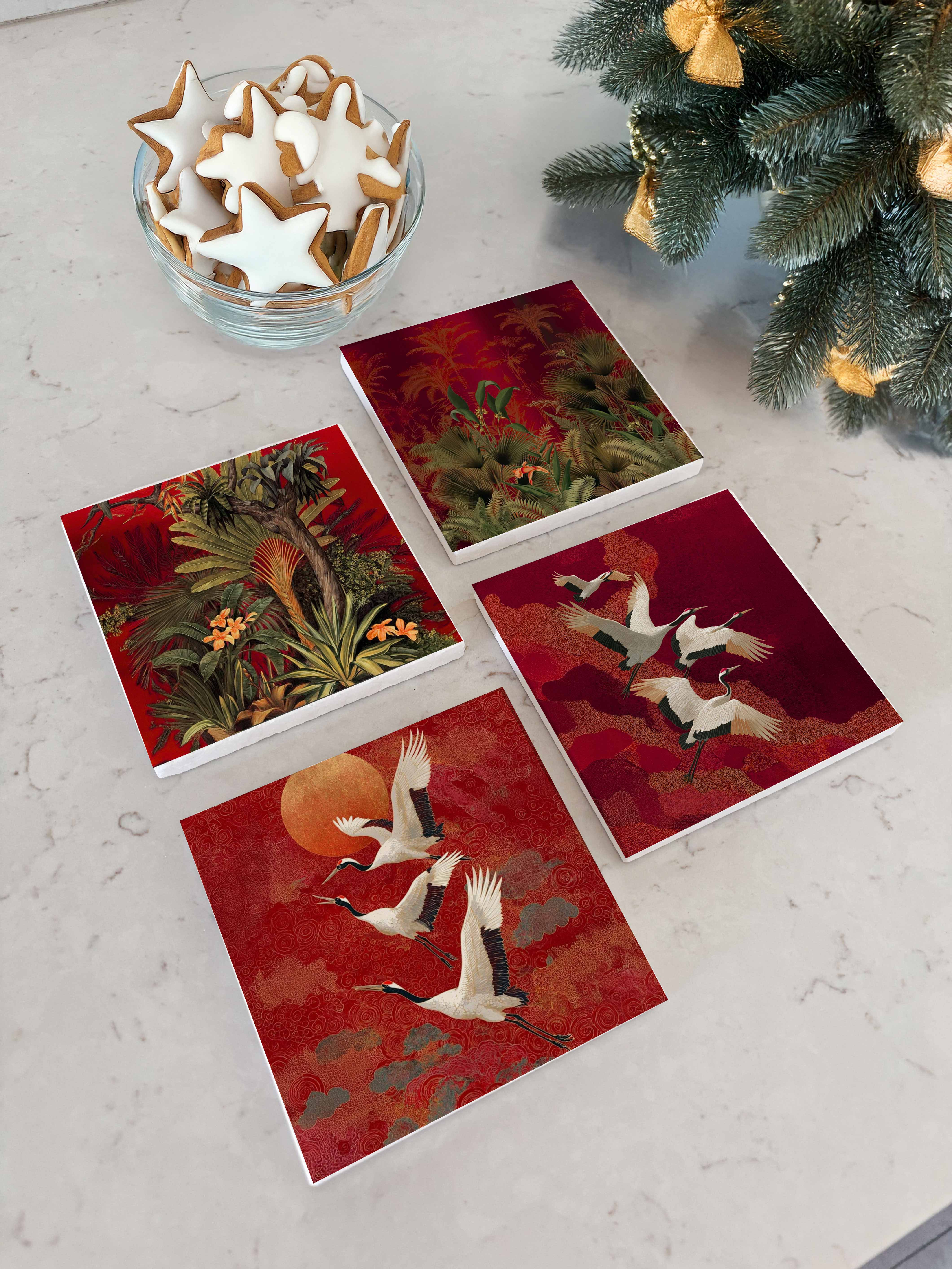 Kırmızı Turna Kuşu ve Tropikal Desenli Doğal Taş Bardak Altlığı, Lüks Ev Dekoru, Yılbaşı Hediyesi, 4’lü