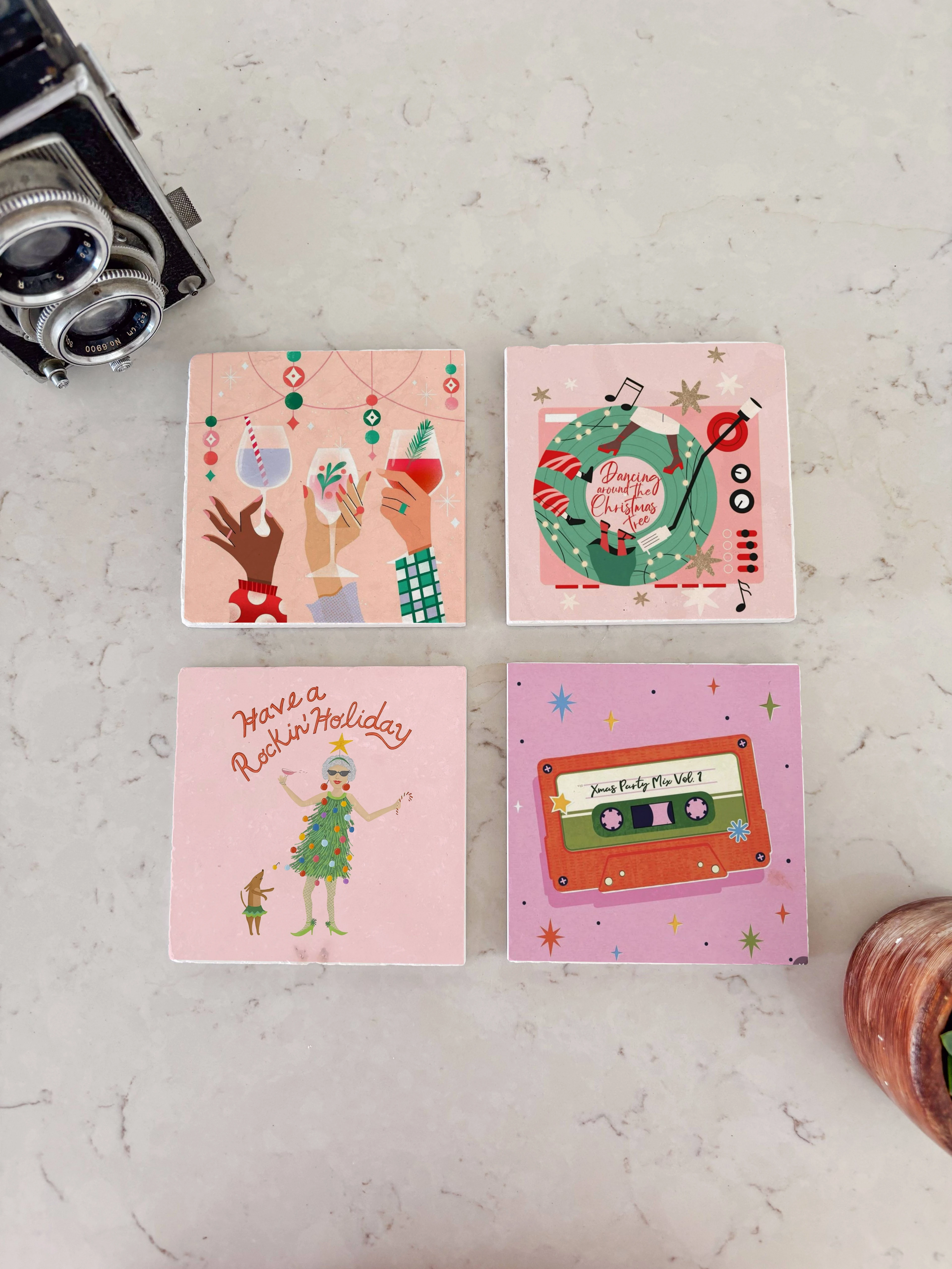 Retro Noel Temalı Doğal Taş Bardak Altlığı, Eğlenceli Yılbaşı Tasarımı, Yılbaşı Hediyesi, 4’lü