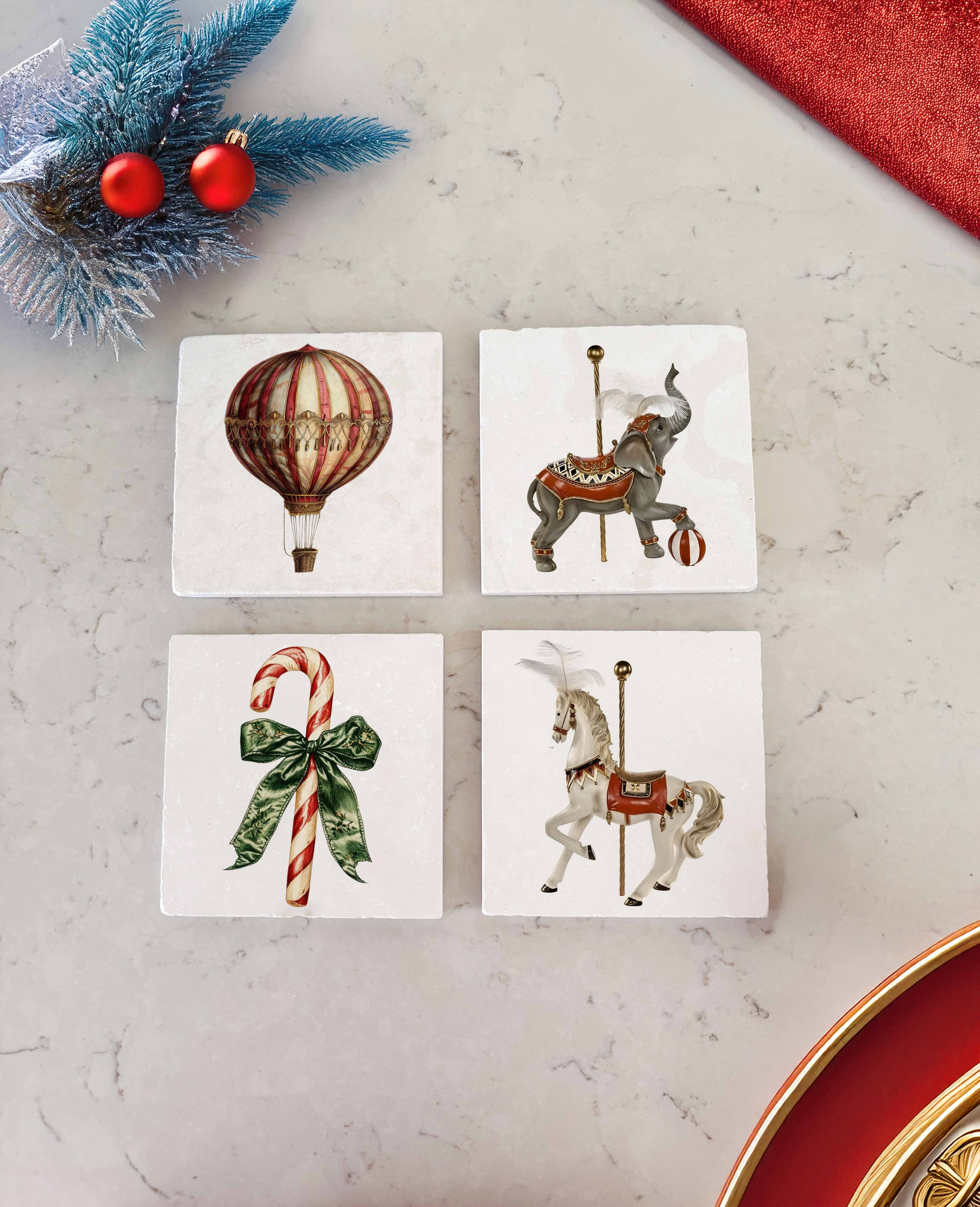 Balon, Fil, At ve Şeker Baston Desenli Doğal Taş Bardak Altlığı, Yılbaşı Hediyesi, 4’lü