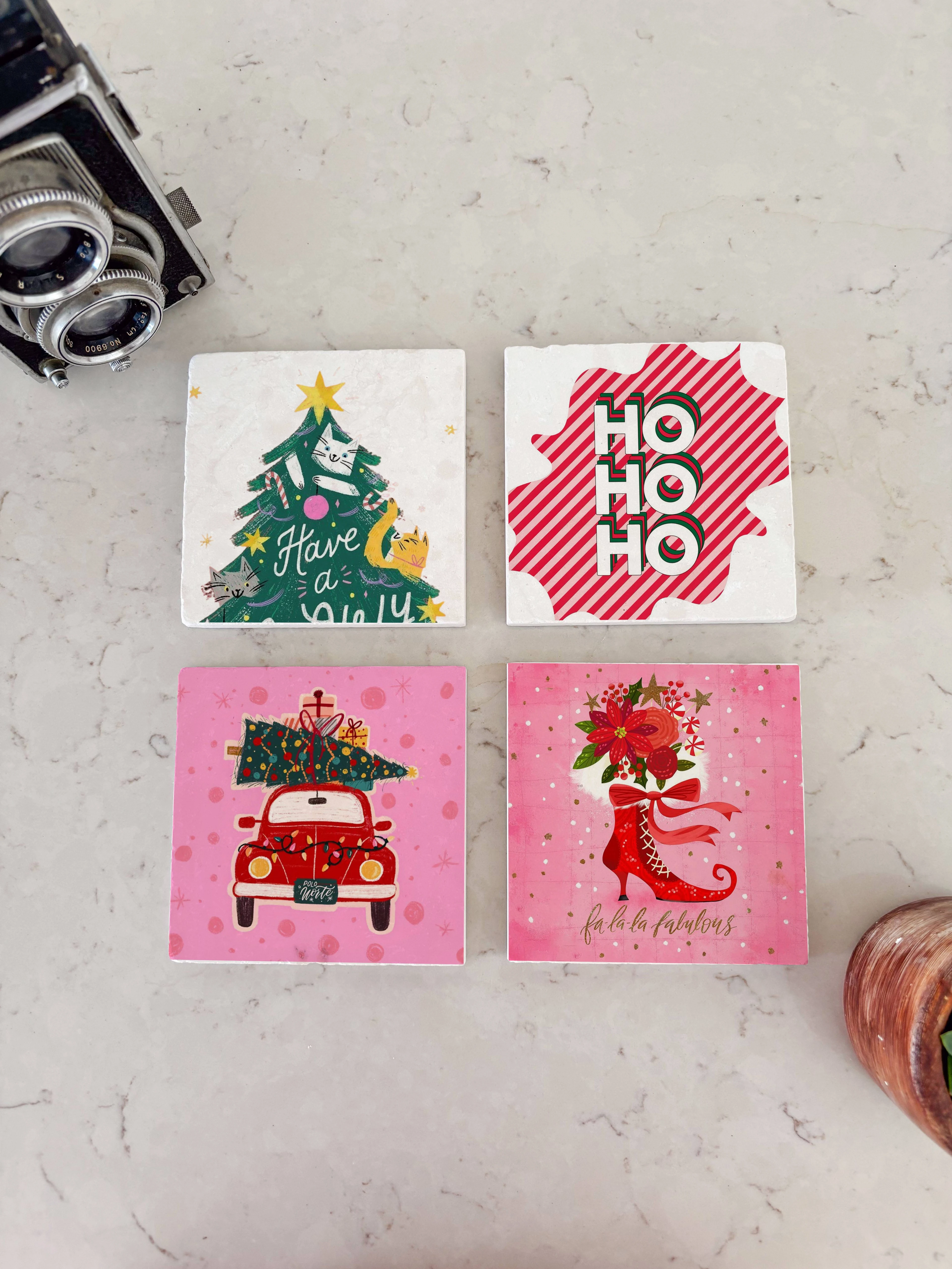 Noel Ağacı, Kırmızı Araba ve Topuklu Çizme Temalı Doğal Taş Bardak Altlığı, Yılbaşı Hediyesi, 4’lü