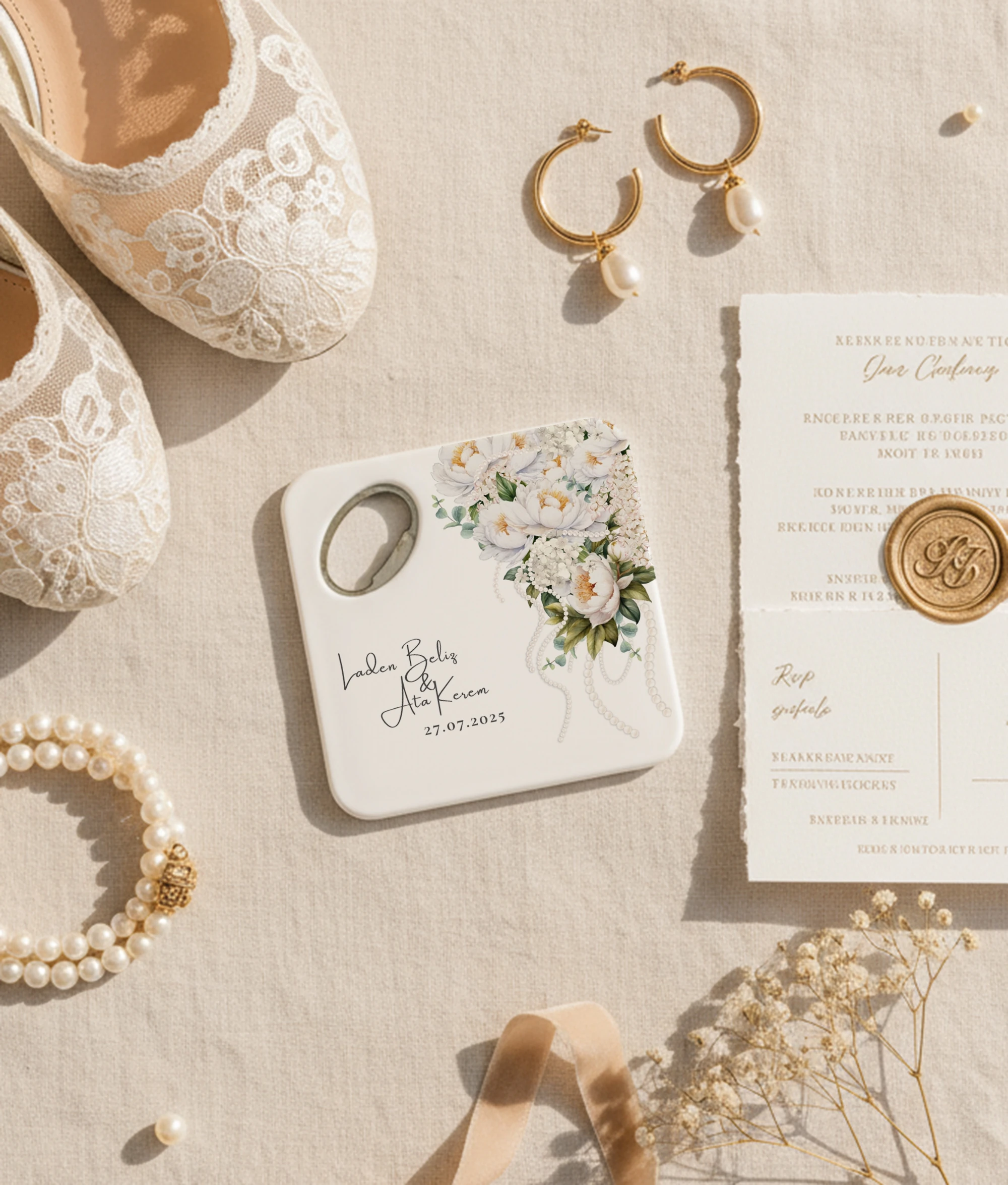 Beyaz çiçek buketli zarif tasarım doğal taş magnet açacak & bardak altlığı 20 adet