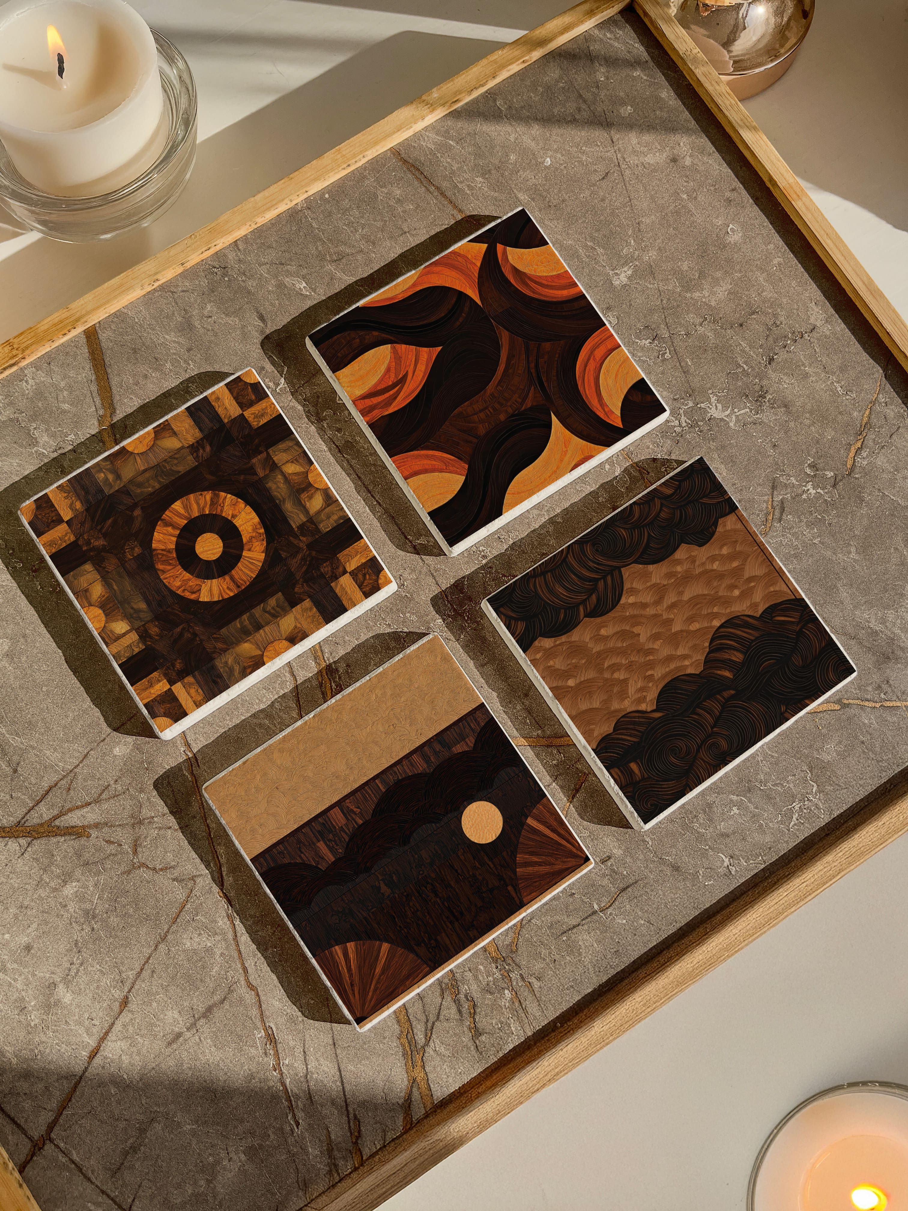 Retro Geometrik Desenli Doğal Taş Bardak Altlığı -4 'lü Set