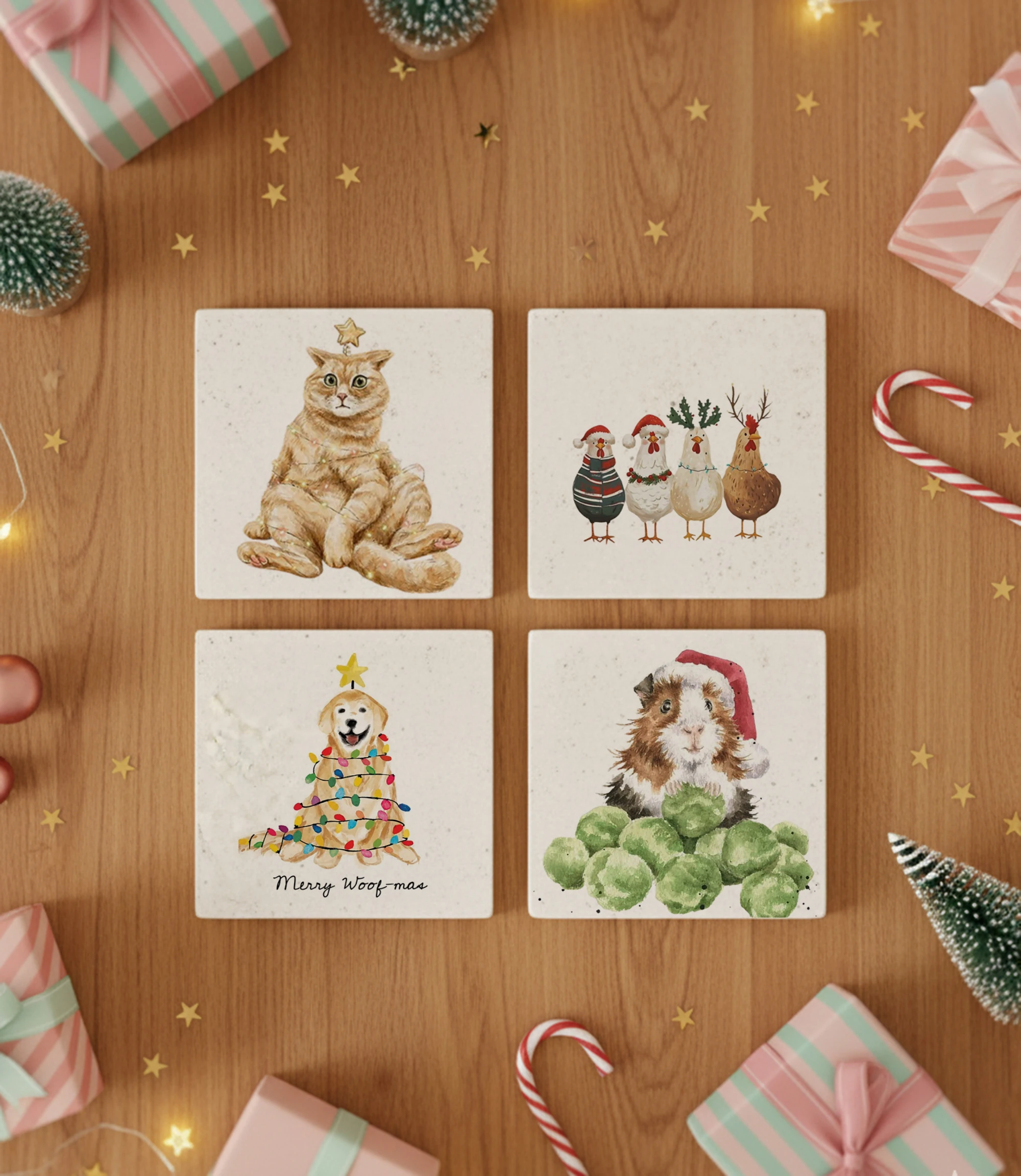 Sevimli Hayvan Temalı Doğal Taş Bardak Altlığı, Kedi Köpek Tavuk Desenli, Yılbaşı Hediyesi, 4’lü