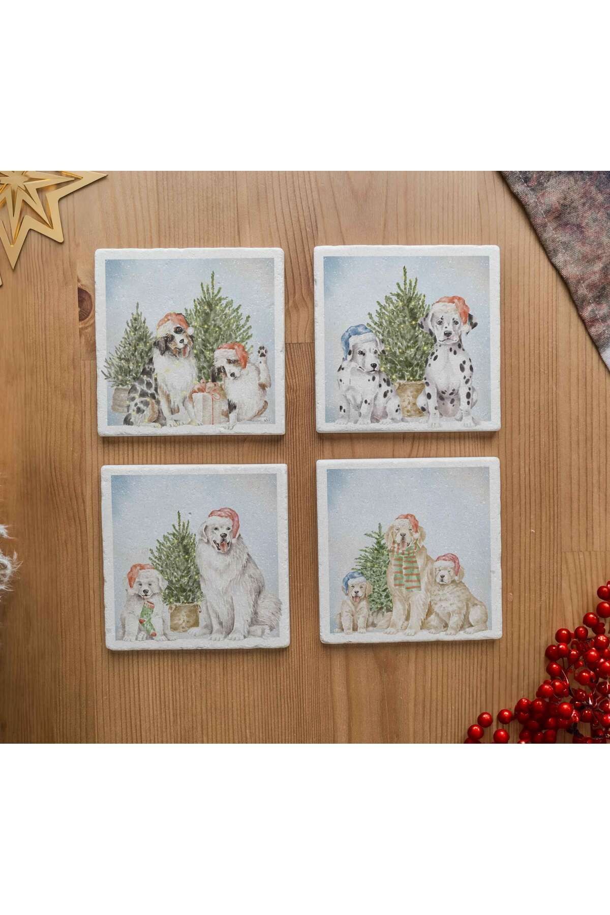 Arslat Atölye Yılbaşı Köpek Temalı Bardak Altlığı 4’lü Set Doğal Taş Traverten (10x10 cm)